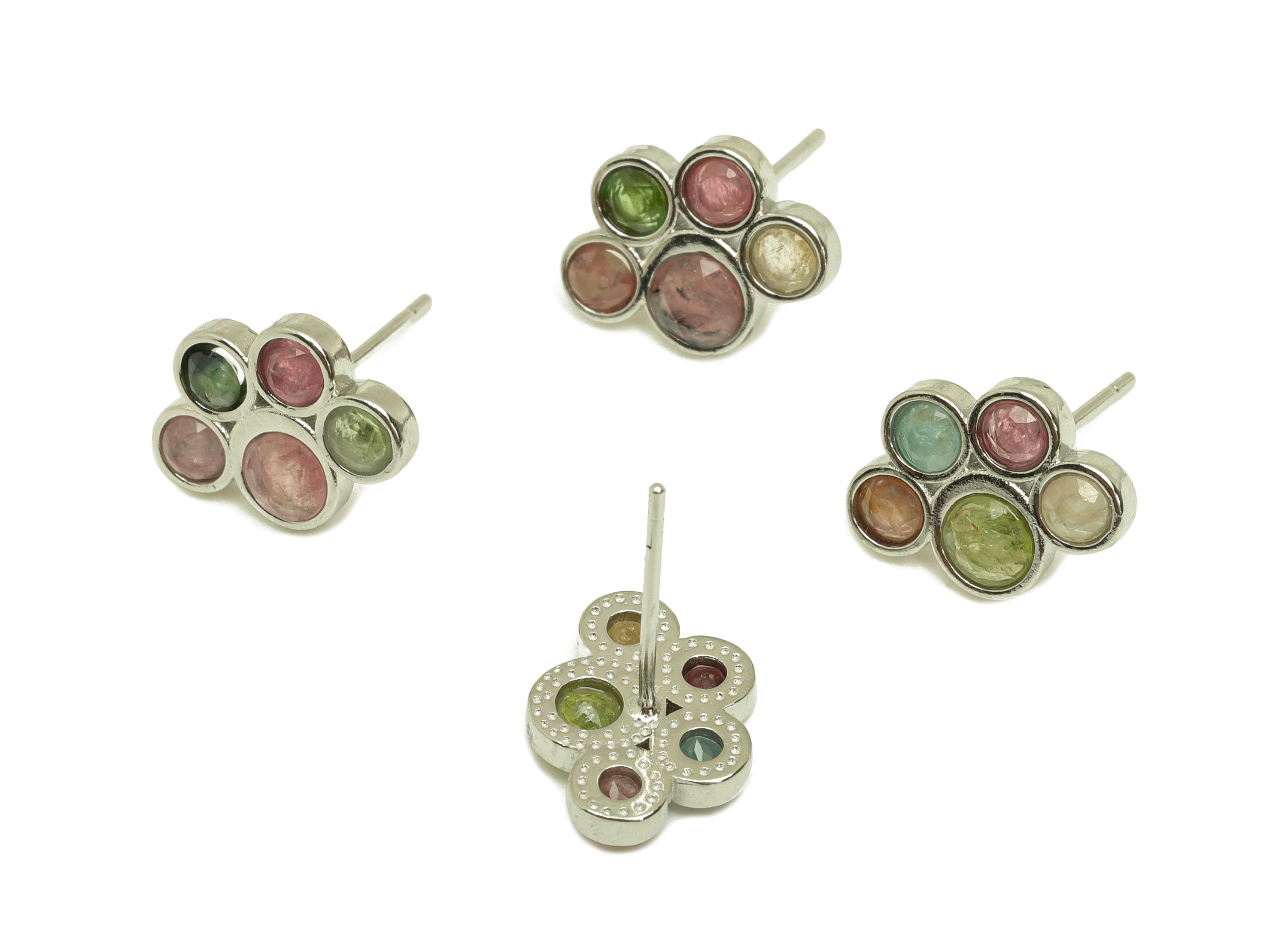 Brass Tourmaline Earring Stud - Brass Faceted Earring Post - Rainbow Earring Post - Brass Stud - Silver Tone Plating - 14x12x0.6mm - RGP7277 - DOMEDBAZAAR