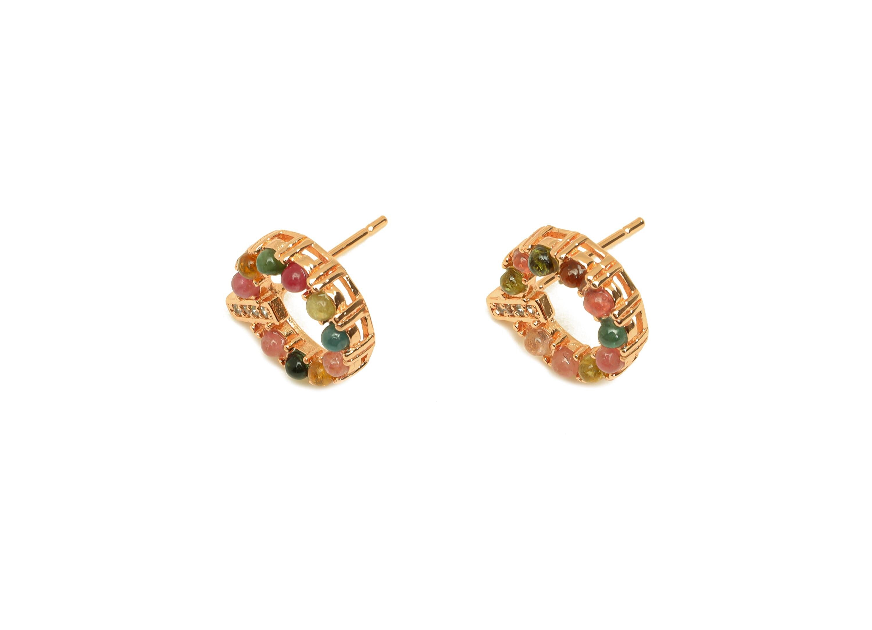 Brass Tourmaline Earring Stud - Brass Cubic Zircon Earring Post - Rainbow Earring Post - Rose Gold Tone Plating - 15x12x0.79mm - RGP7279 - DOMEDBAZAAR