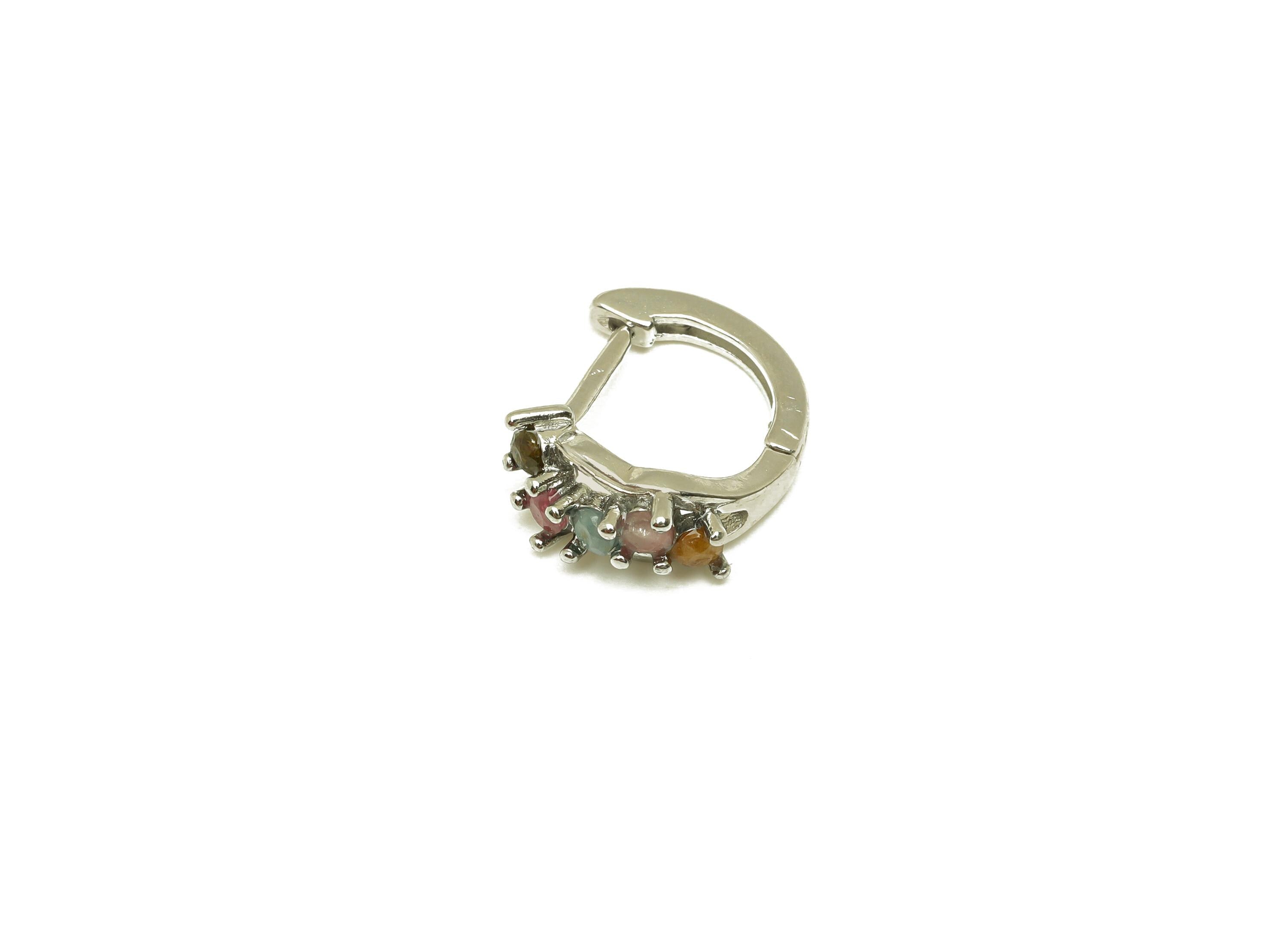 Brass Tourmaline Hoop Earring - Brass Huggie Hoop Earring - Rainbow Huggie Hoop Clasp - Silver Tone Plating - 15.59x5.56x1.18mm - RGP7282 - DOMEDBAZAAR