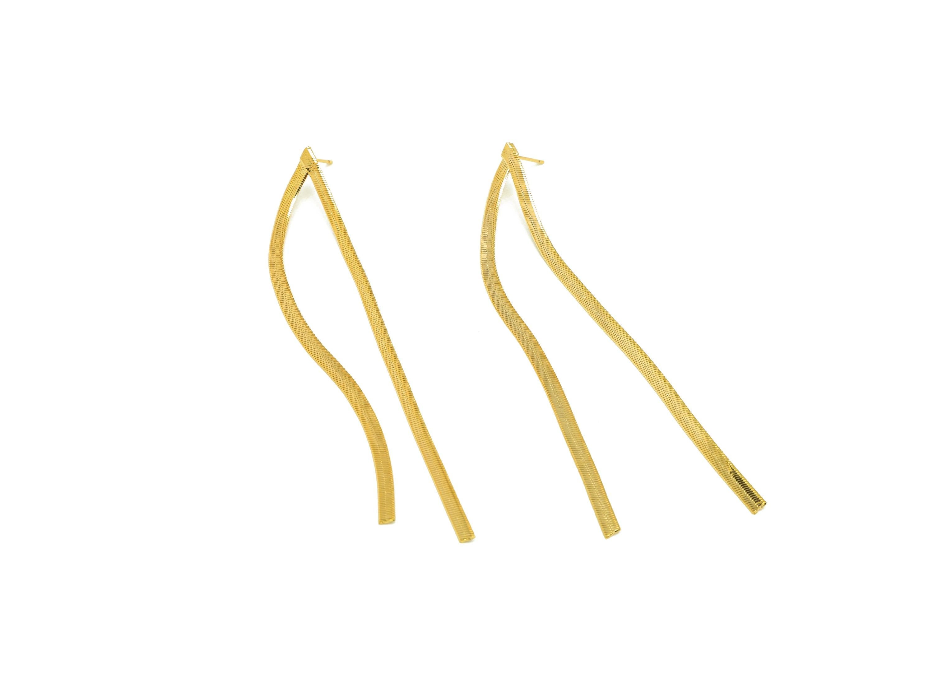 Brass Tassel Earring Stud - Snake Chain Tassel Earring Post - Wire Tassel Earring Post - 18K Real Gold Plated - 90.8x8.2x0.58mm -RGP7313 - DOMEDBAZAAR