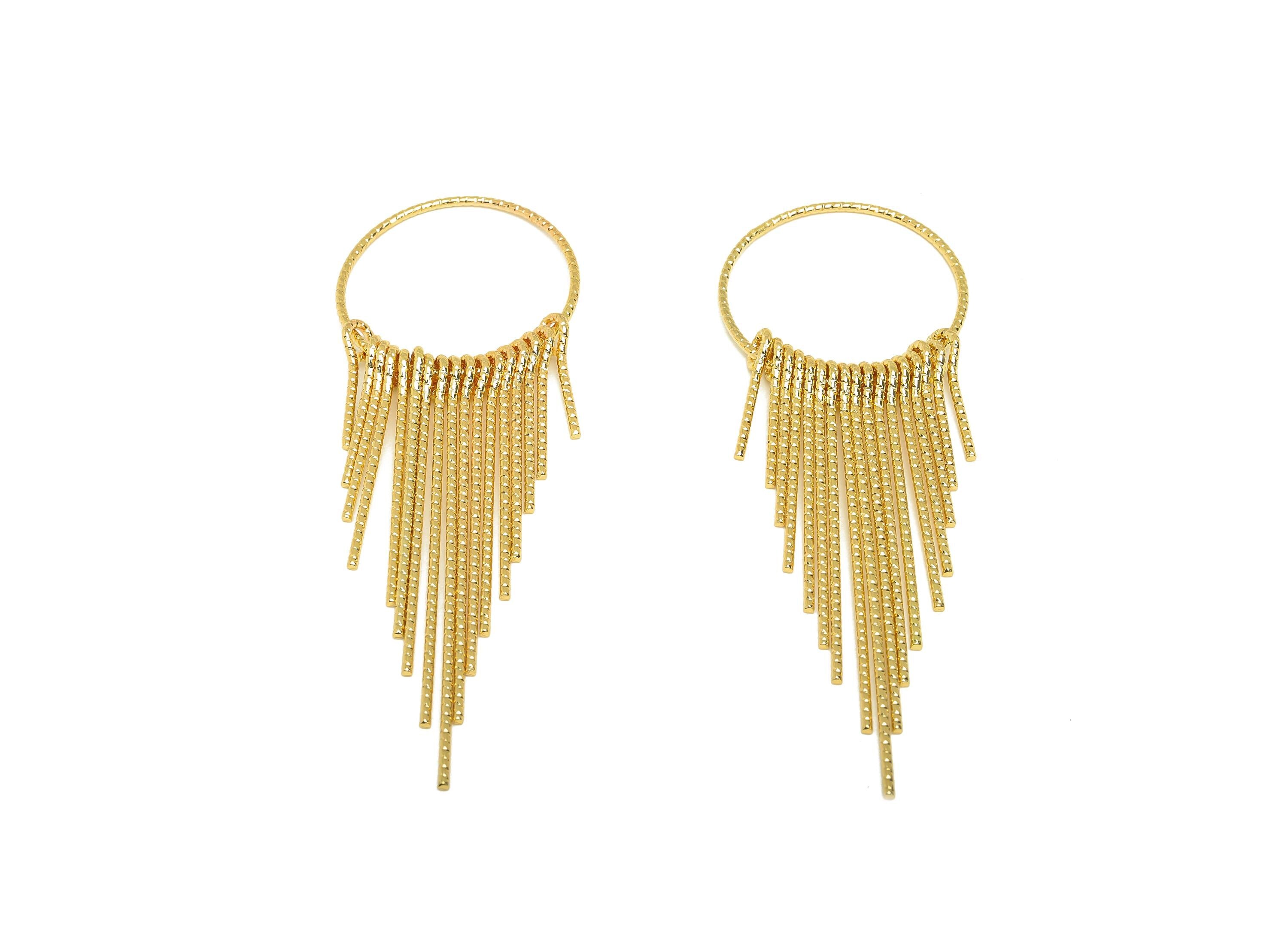 Brass Tassel Earring Charm - Brass Dangle Tassel Wire Earring Charm - Textured Earring Charm - 18K Real Gold Plated - 86x29x1.11mm - RGP7304 - DOMEDBAZAAR