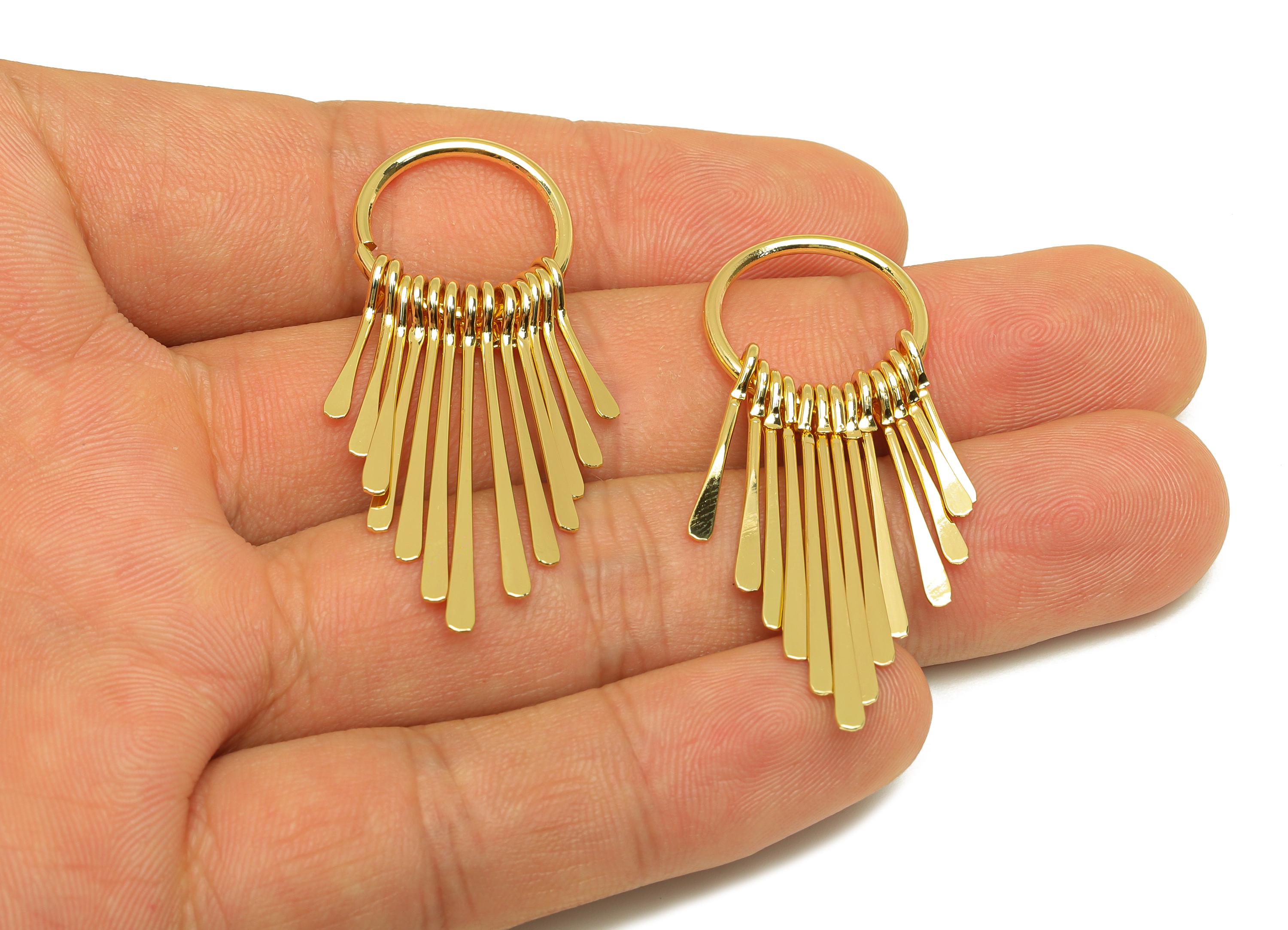 Brass Tassel Earring Charm - Hammered Tassel Wire Earring Charm - 13 Wire Tassel Earring Charm - 18K Real Gold Plated - 48x17x1mm - RGP7306 - DOMEDBAZAAR