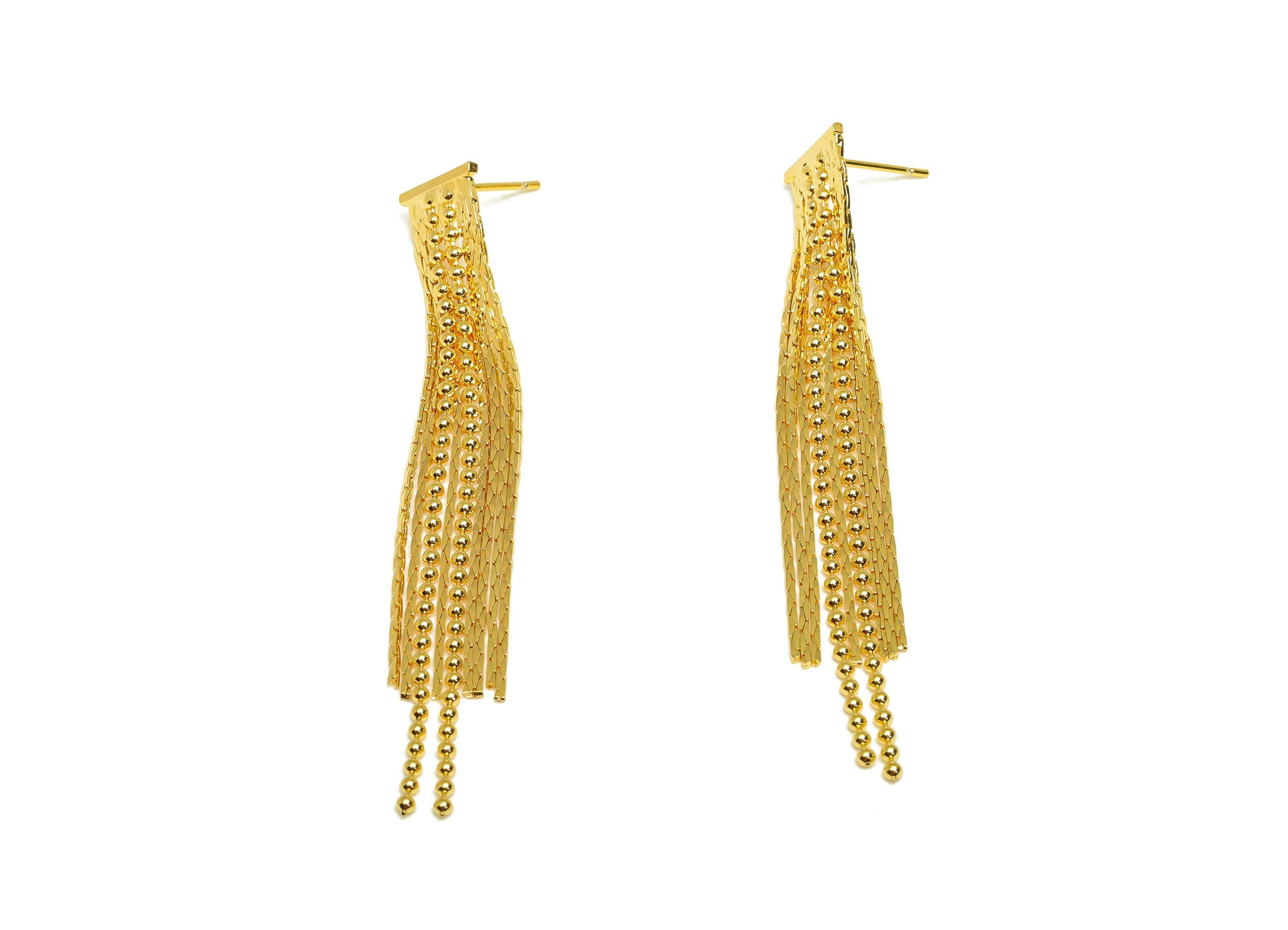 Brass Bead Tassel Earring Stud - Tassel Wire Earring Post - Beaded Chian Tassel Earring Post - 18K Real Gold Plated - 66x10x0.97mm - RGP7341 - DOMEDBAZAAR