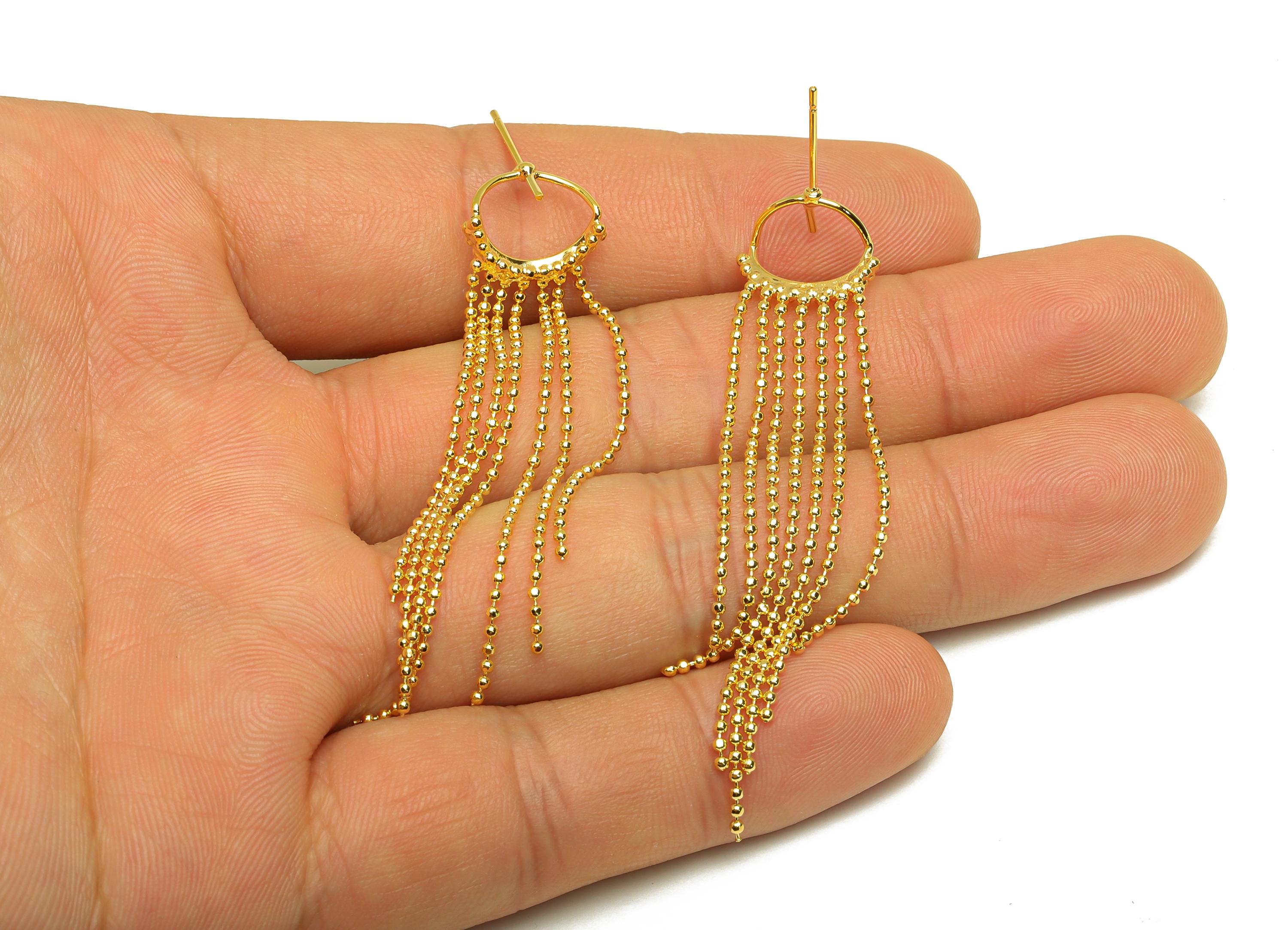 Brass Bead Tassel Earring Stud - Beaded Chian Tassel Earring Post - Earring Post For Pearl - 18K Real Gold Plated - 63.8x13x1.87mm - RGP7322 - DOMEDBAZAAR