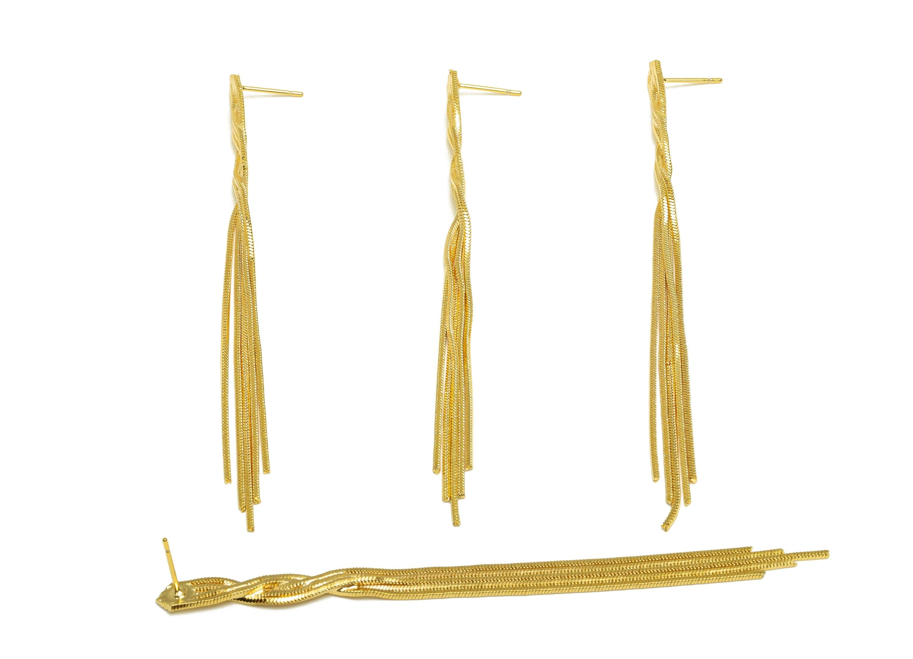 Brass Tassel Earring Stud - Tassel Wire Earring Post - Snake Chian Tassel Earring Post - 18K Real Gold Plated - 97.7x5.53x1.33mm - RGP7321 - DOMEDBAZAAR