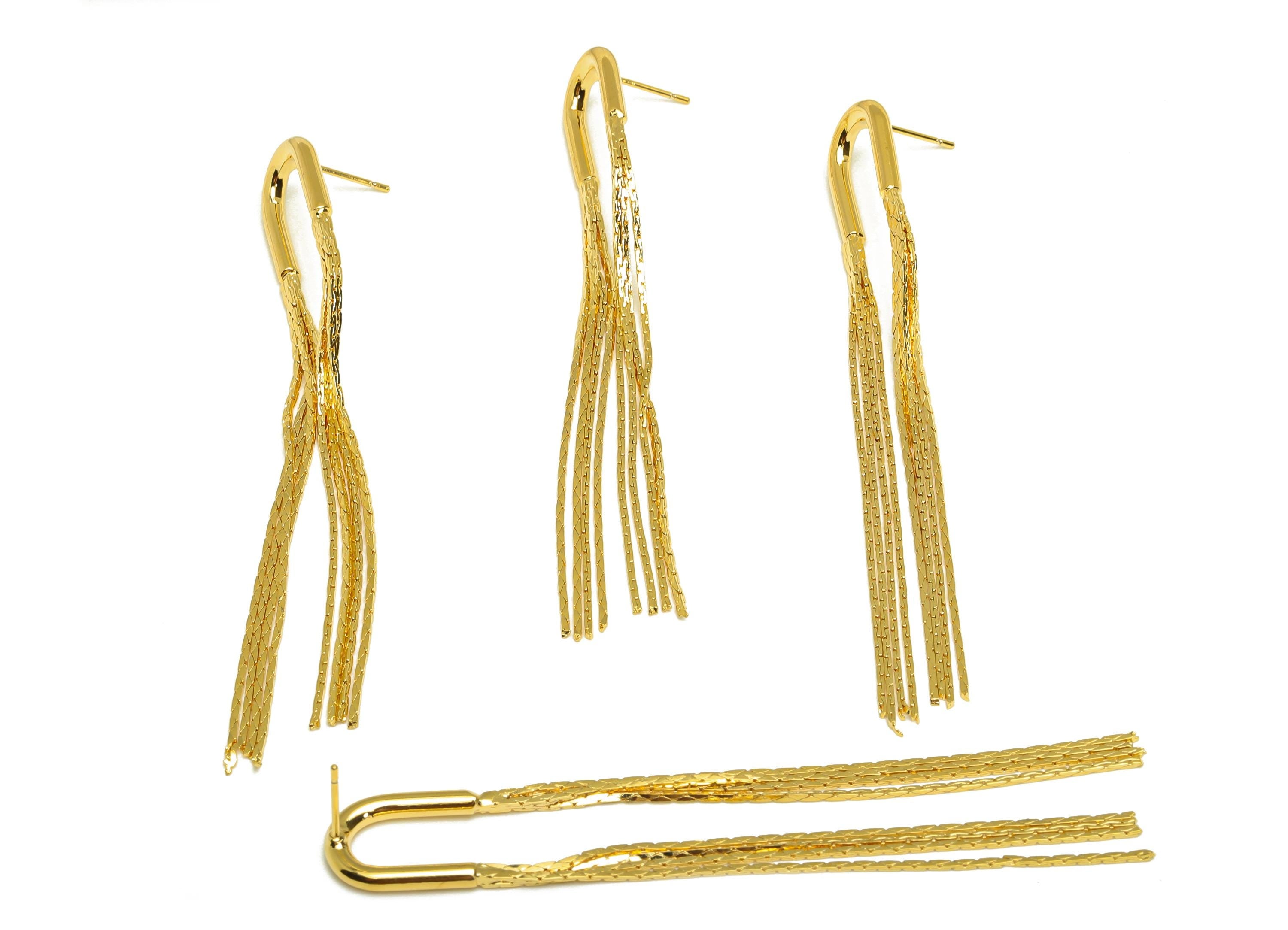 Brass Tassel Earring Stud - U Shape Tassel Wire Earring Post - Chian Tassel Earring Post - 18K Real Gold Plated - 79.9x12.01x2mm - RGP7324 - DOMEDBAZAAR