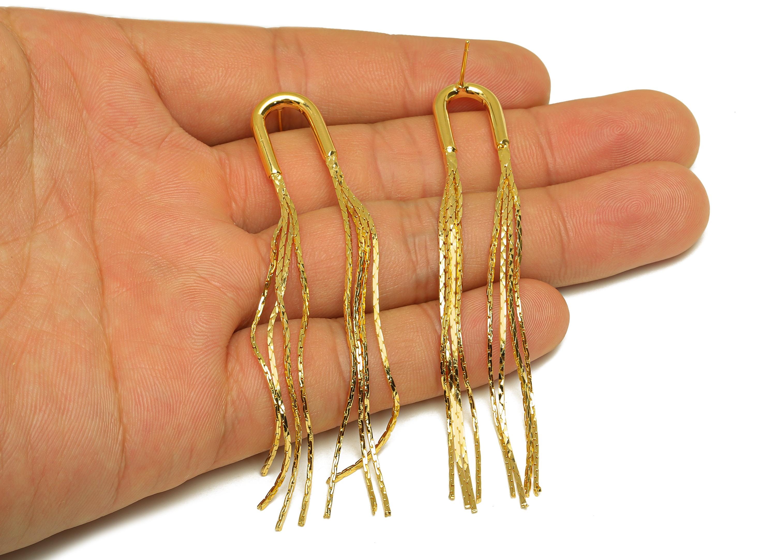 Brass Tassel Earring Stud - U Shape Tassel Wire Earring Post - Chian Tassel Earring Post - 18K Real Gold Plated - 79.9x12.01x2mm - RGP7324 - DOMEDBAZAAR