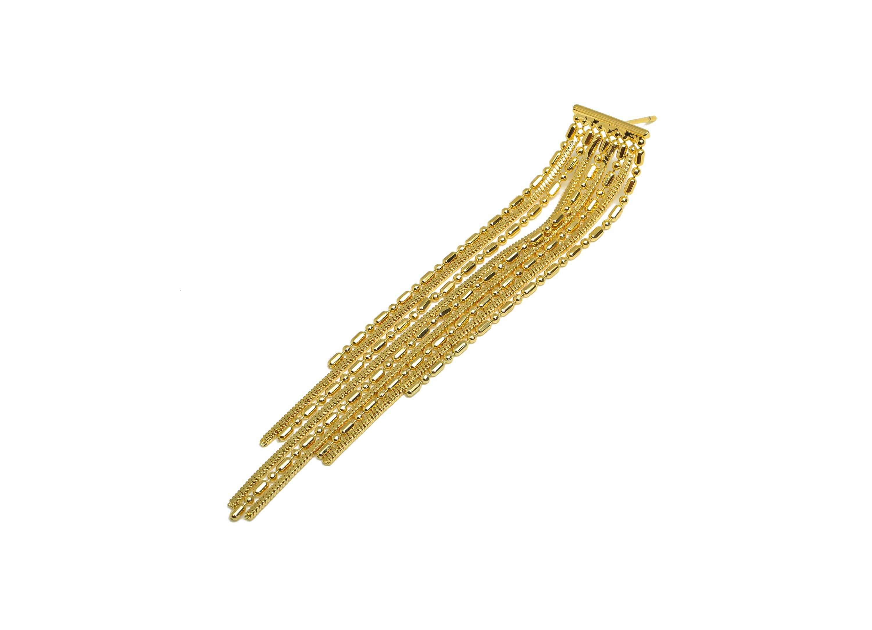 Brass Tassel Earring Stud - Beaded Chain Tassel Wire Earring Post - Chian Tassel Earring Post - 18K Real Gold Plated - 75x11x1mm - RGP7320 - DOMEDBAZAAR