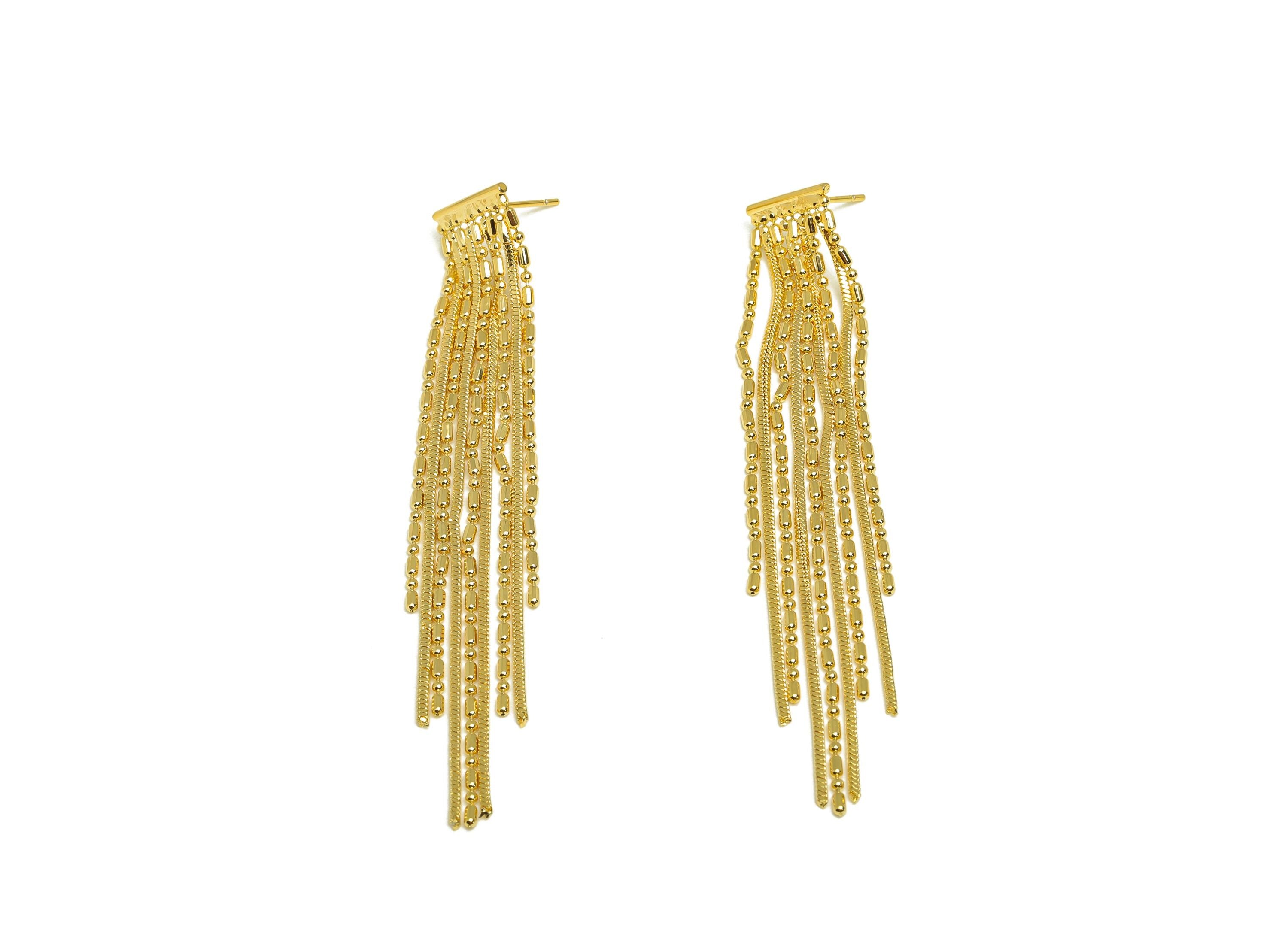 Brass Tassel Earring Stud - Marquise Tassel Wire Earring Post - Geometry Tassel Earring Post - 18K Real Gold Plated - 86x24.3x1mm - RGP7323 - DOMEDBAZAAR