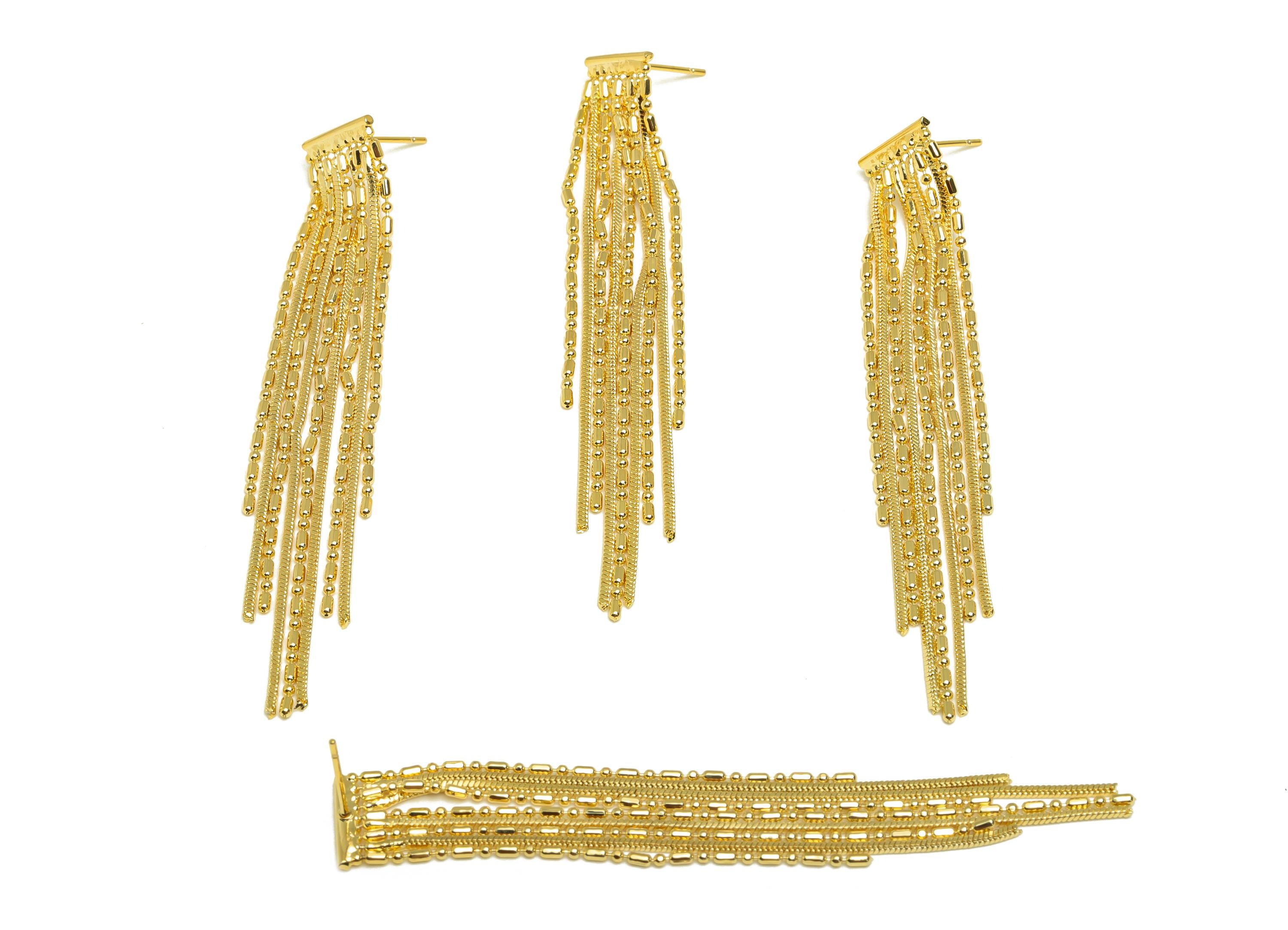 Brass Tassel Earring Stud - Marquise Tassel Wire Earring Post - Geometry Tassel Earring Post - 18K Real Gold Plated - 86x24.3x1mm - RGP7323 - DOMEDBAZAAR
