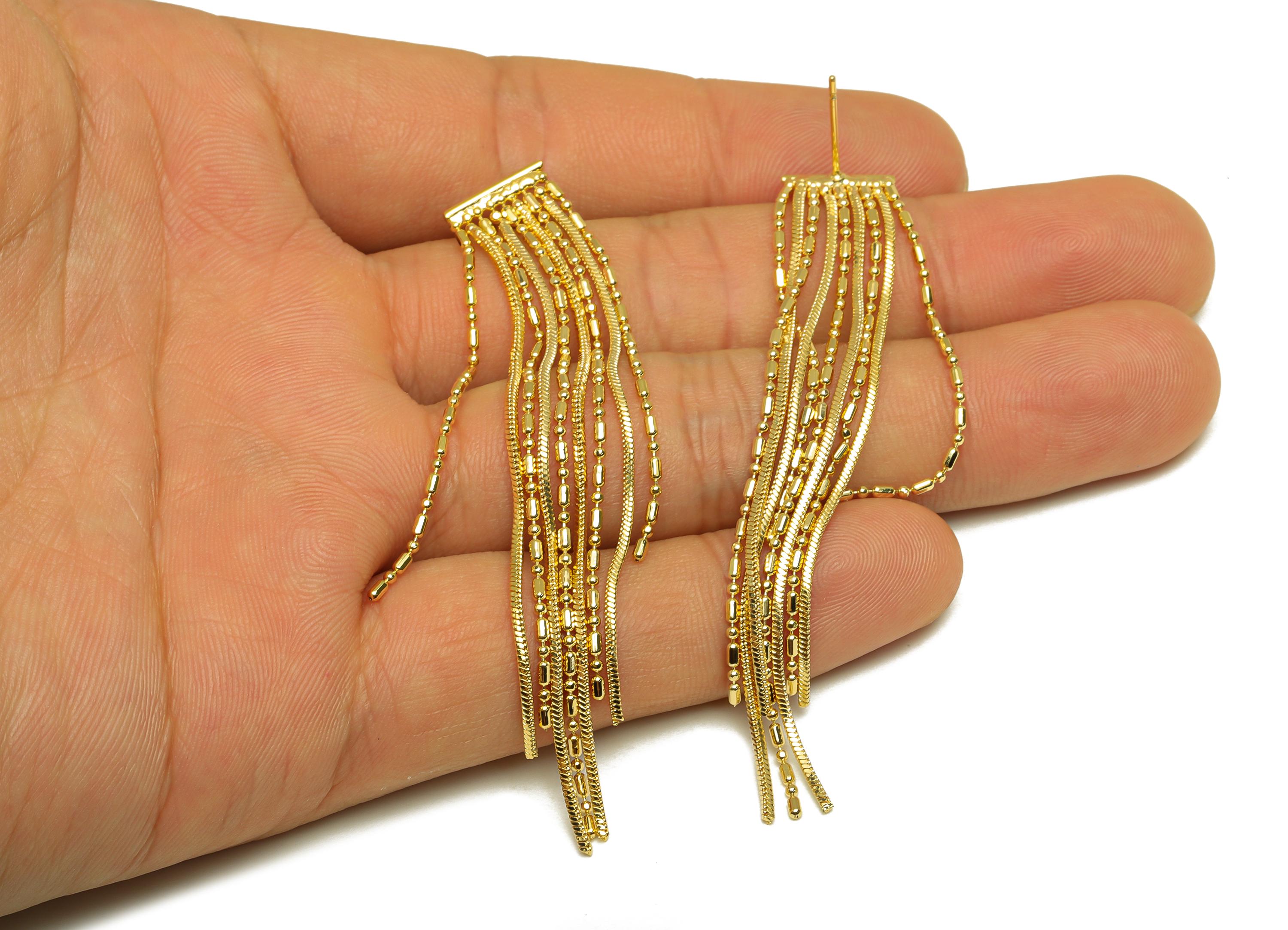 Brass Tassel Earring Stud - Marquise Tassel Wire Earring Post - Geometry Tassel Earring Post - 18K Real Gold Plated - 86x24.3x1mm - RGP7323 - DOMEDBAZAAR