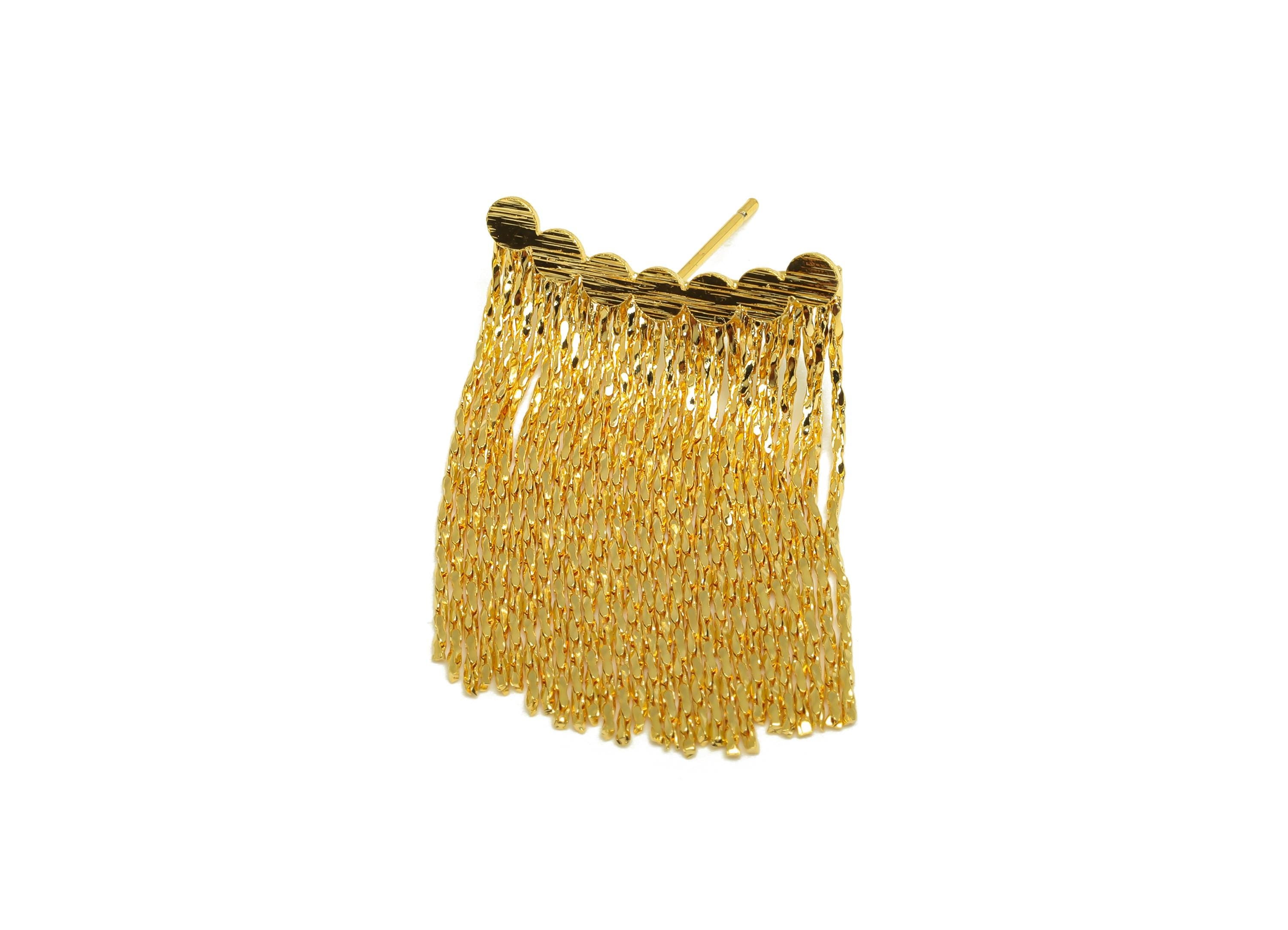 Brass Tassel Earring Stud - Bent Beaded Tassel Earring Post - Brass Chian Tassel Earring Post - 18K Real Gold Plated - 33x20x1mm - RGP7335 - DOMEDBAZAAR