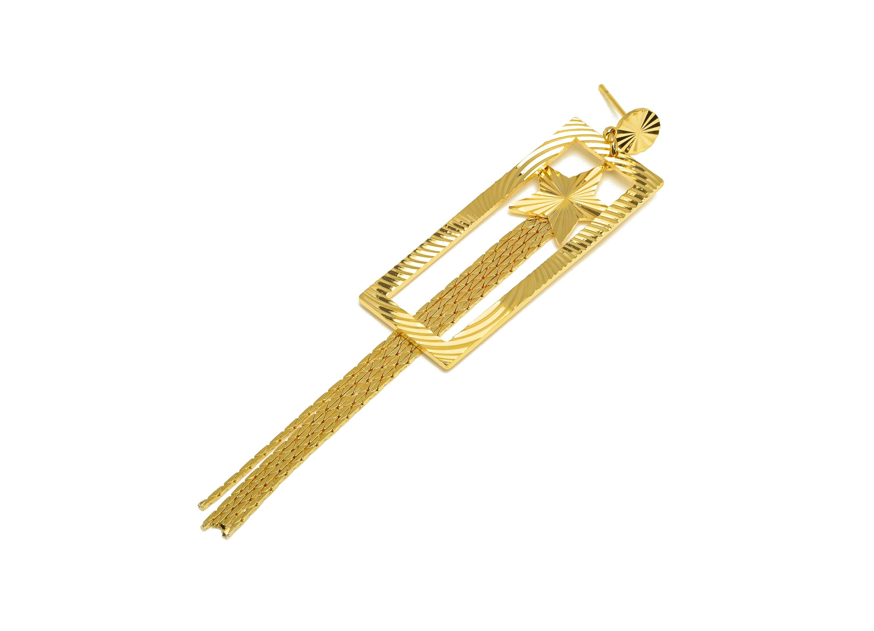 Brass Star Tassel Stud - Brass Rectangle Tassel Earring Post - Snake Chian Tassel Earring Post - 18K Real Gold Plated - 86x16x1mm - RGP7330 - DOMEDBAZAAR
