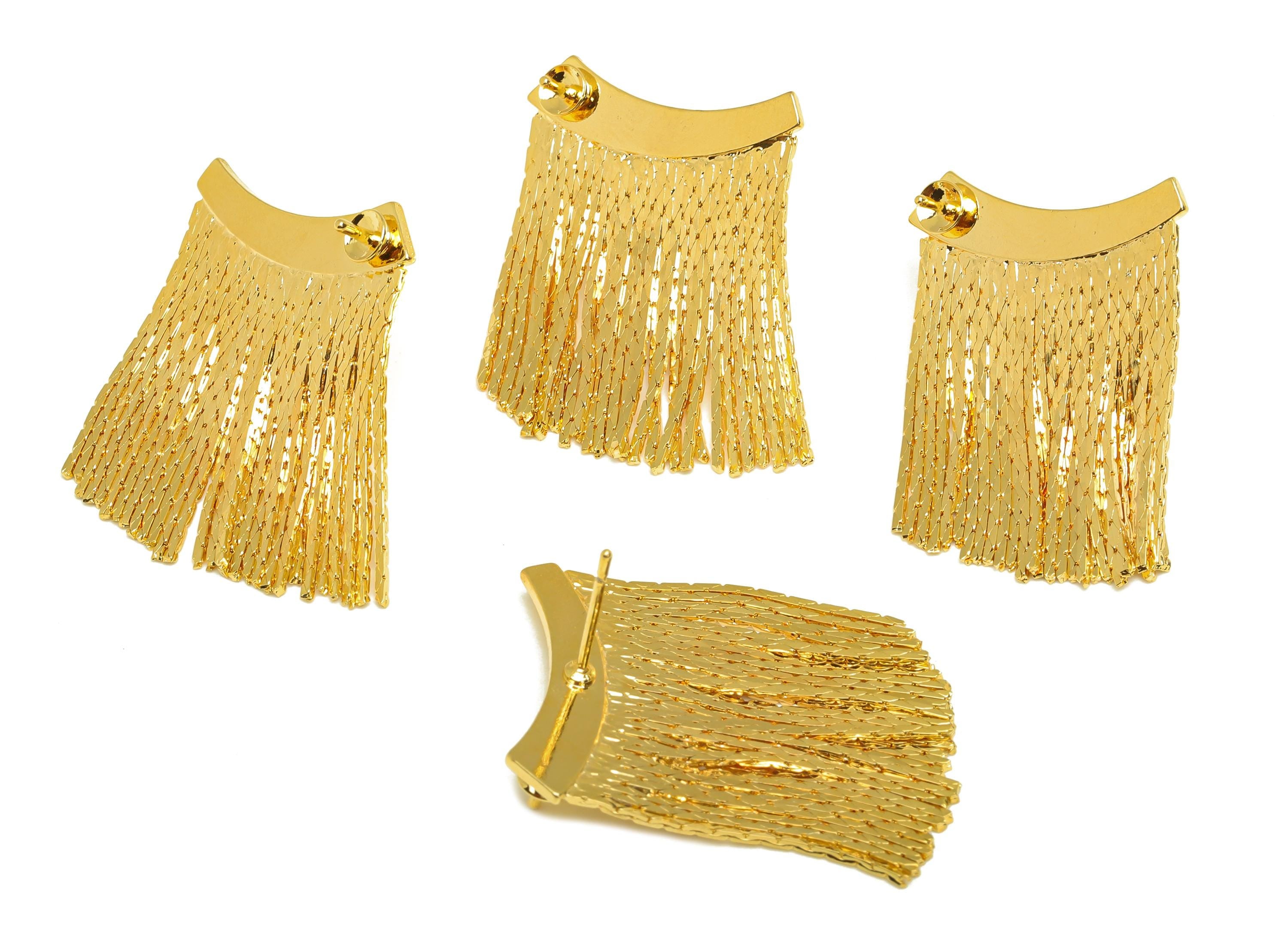Brass Tassel Earring Stud - Wide Tassel Earring Post - Brass Chian Tassel Earring Post For Pearl - 18K Real Gold Plated - 29x22x1mm- RGP7332 - DOMEDBAZAAR