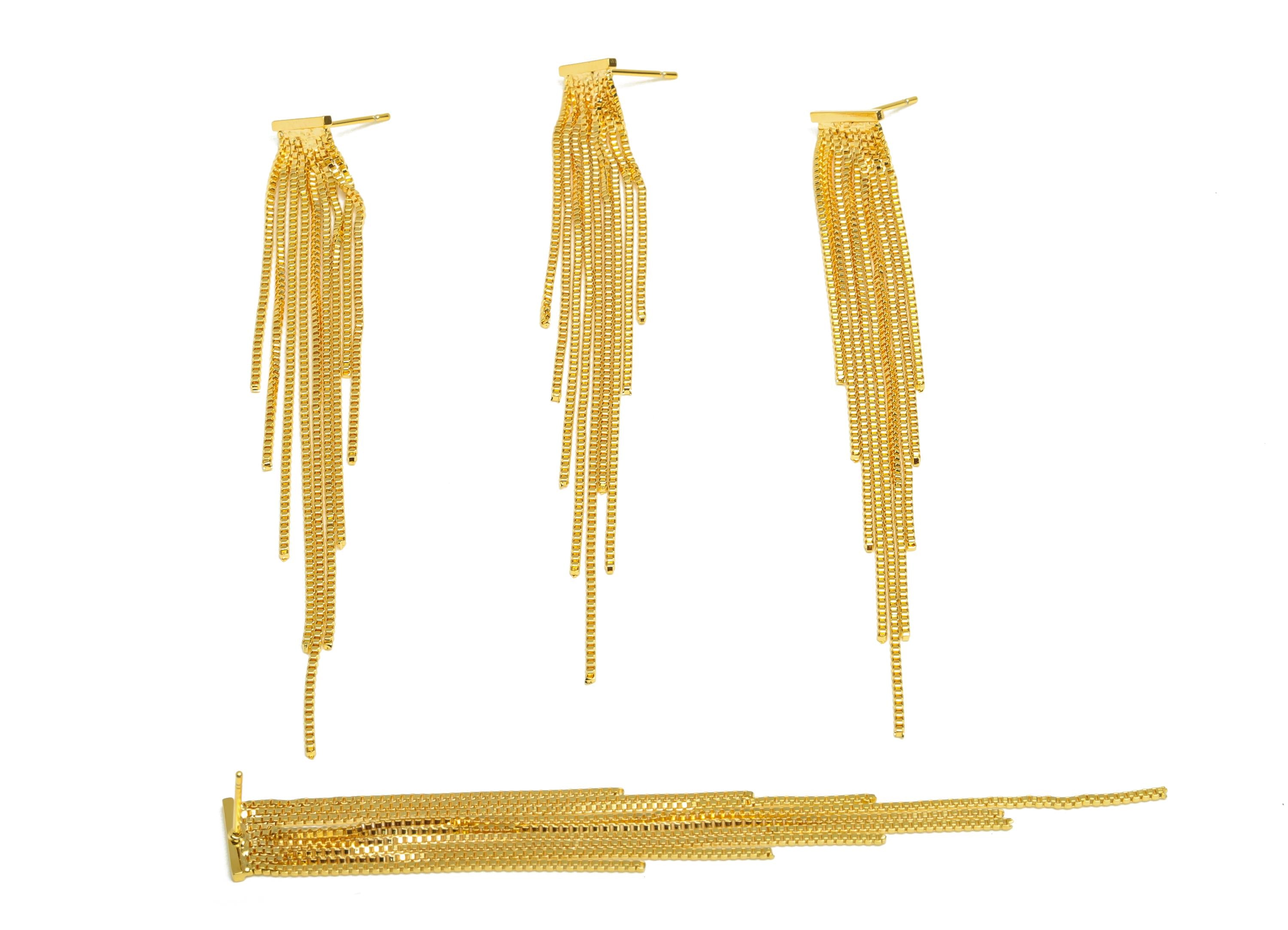 Brass Tassel Earring Stud - Stick Tassel Earring Post - Bar Chian Tassel Earring Post For Pearl - 18K Real Gold Plated - 93x10x1mm - RGP7336 - DOMEDBAZAAR