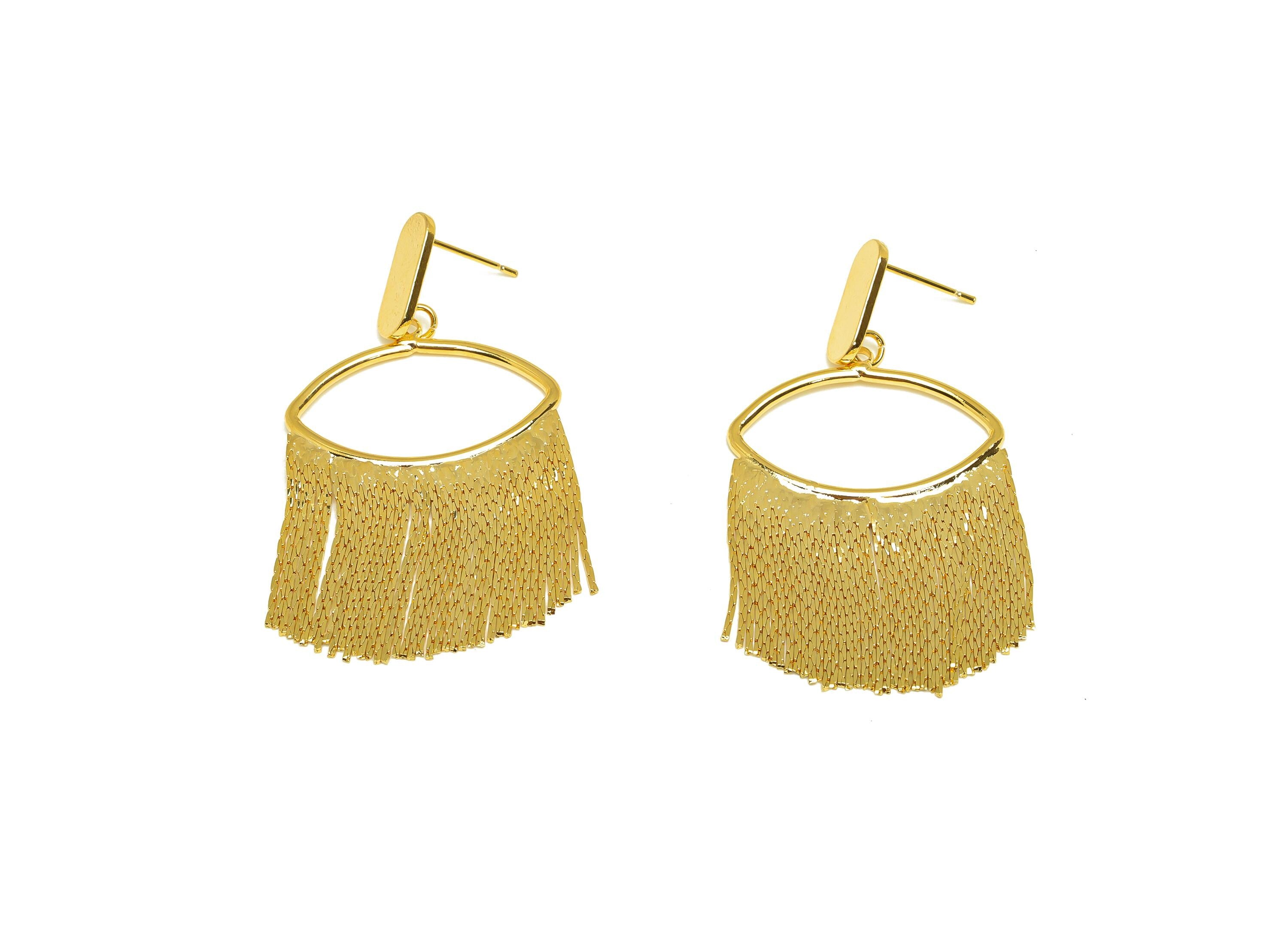 Brass Tassel Earring Stud - Marquise Tassel Earring Post - Geometry Chian Tassel Earring Post - 18K Real Gold Plated - 53x27x1mm - RGP7315 - DOMEDBAZAAR