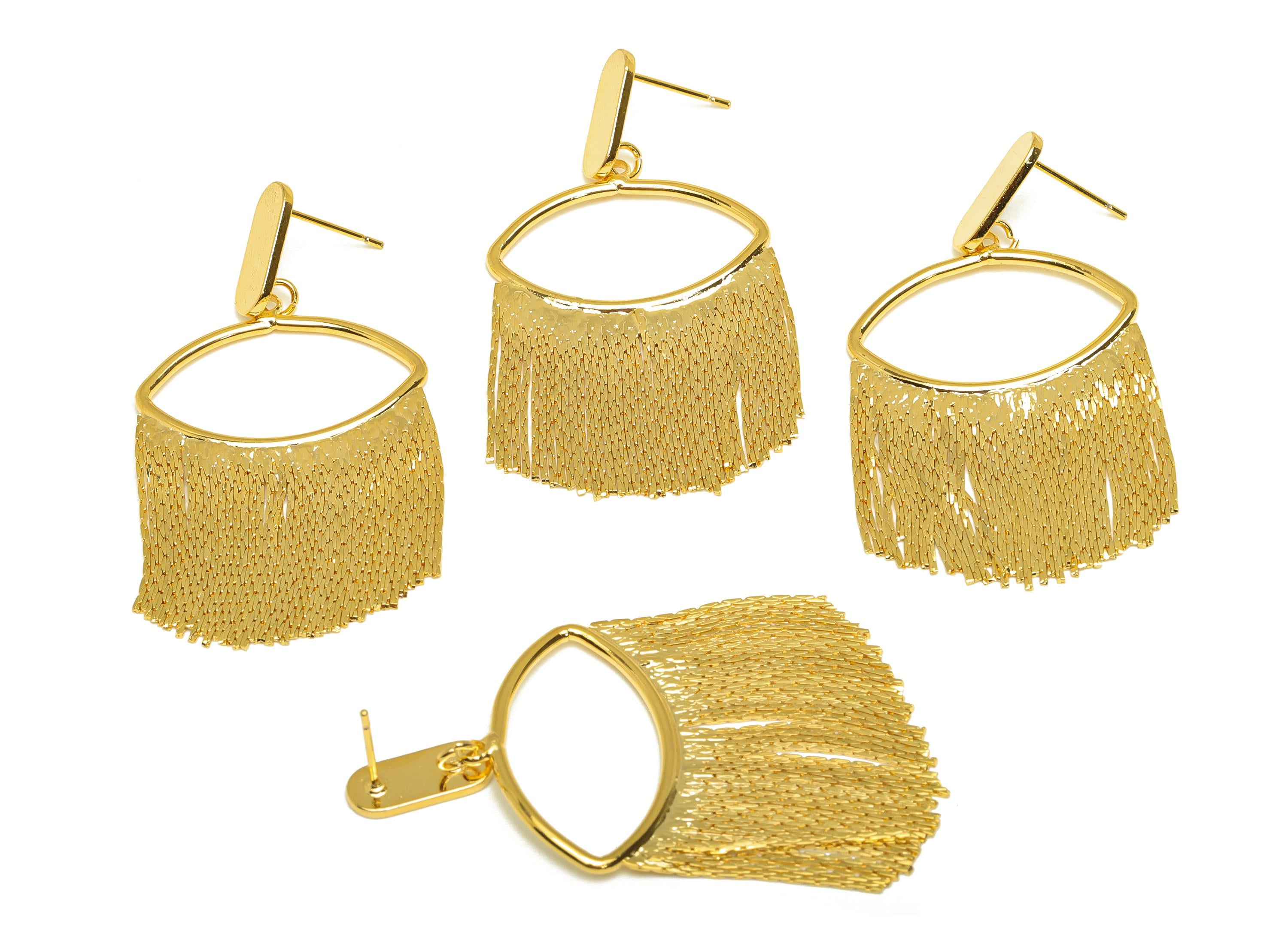 Brass Tassel Earring Stud - Marquise Tassel Earring Post - Geometry Chian Tassel Earring Post - 18K Real Gold Plated - 53x27x1mm - RGP7315 - DOMEDBAZAAR