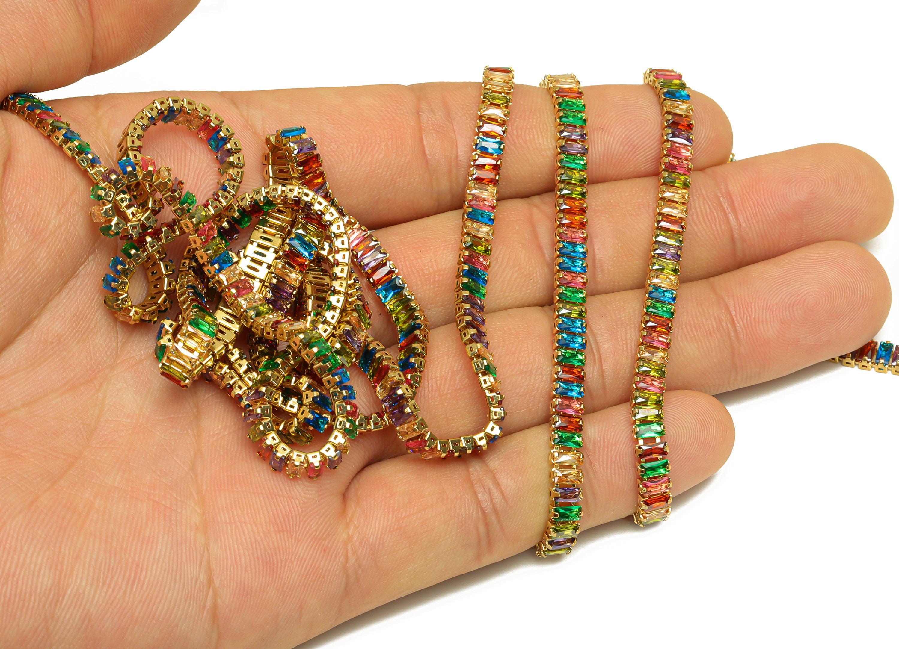 2*4mm Rectangular Zircon Brass Chain - Brass Mix Color Cubic Zircon Bracelet Chain - 18K Real Gold Plating - 2x4mm - RGP6908R - DOMEDBAZAAR