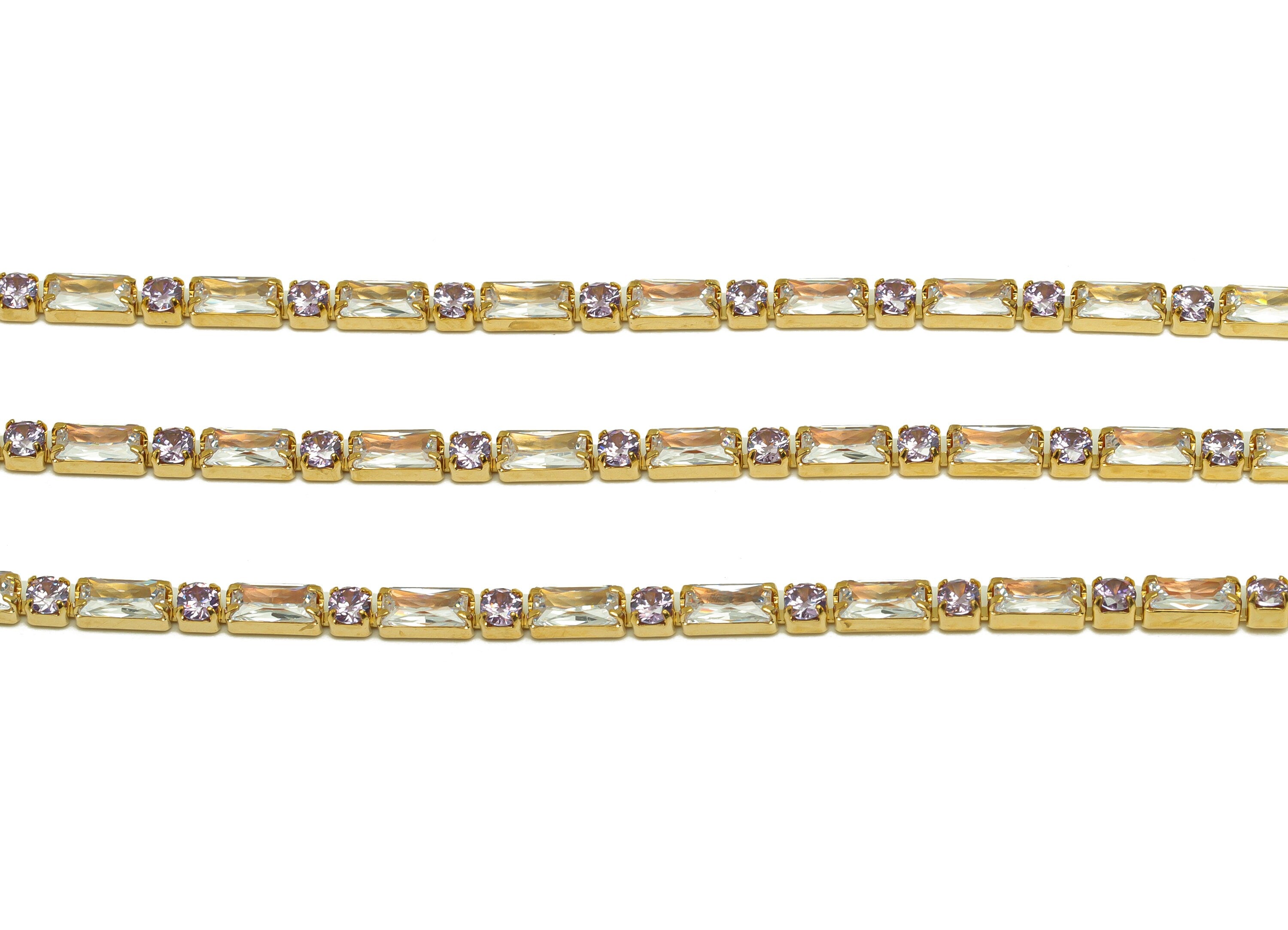 3*6mm+3mm Rectangular Zircon Brass Chain - White Purple Cubic Zircon Bracelet Chain - 18K Real Gold Plated - 21x21x1mm - RGP6916R - DOMEDBAZAAR