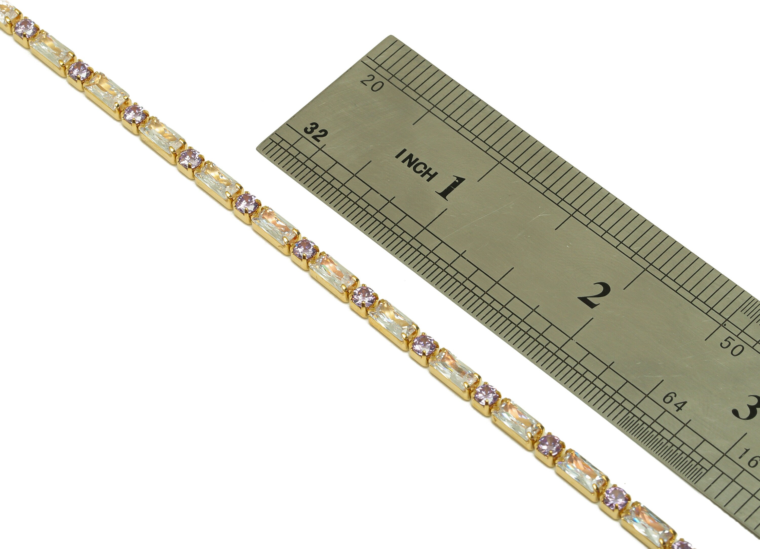 3*6mm+3mm Rectangular Zircon Brass Chain - White Purple Cubic Zircon Bracelet Chain - 18K Real Gold Plated - 21x21x1mm - RGP6916R - DOMEDBAZAAR