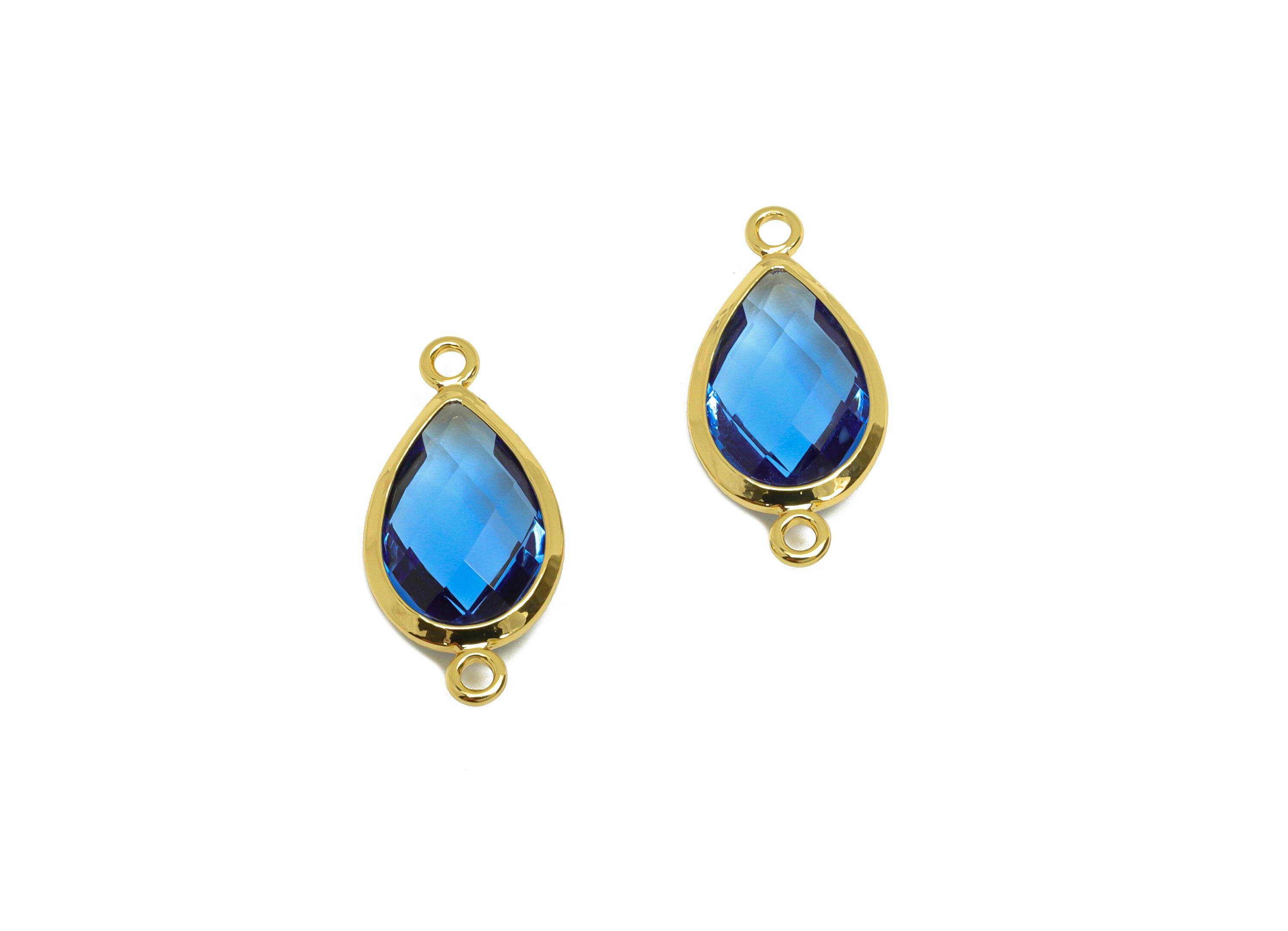 Brass Teardrop Connector - Brass Faceted Glass Earring Charm - Brass Royal Blue Glass Connector - 18K Real Gold Plating - 19x9x4mm -RGP6920C - DOMEDBAZAAR
