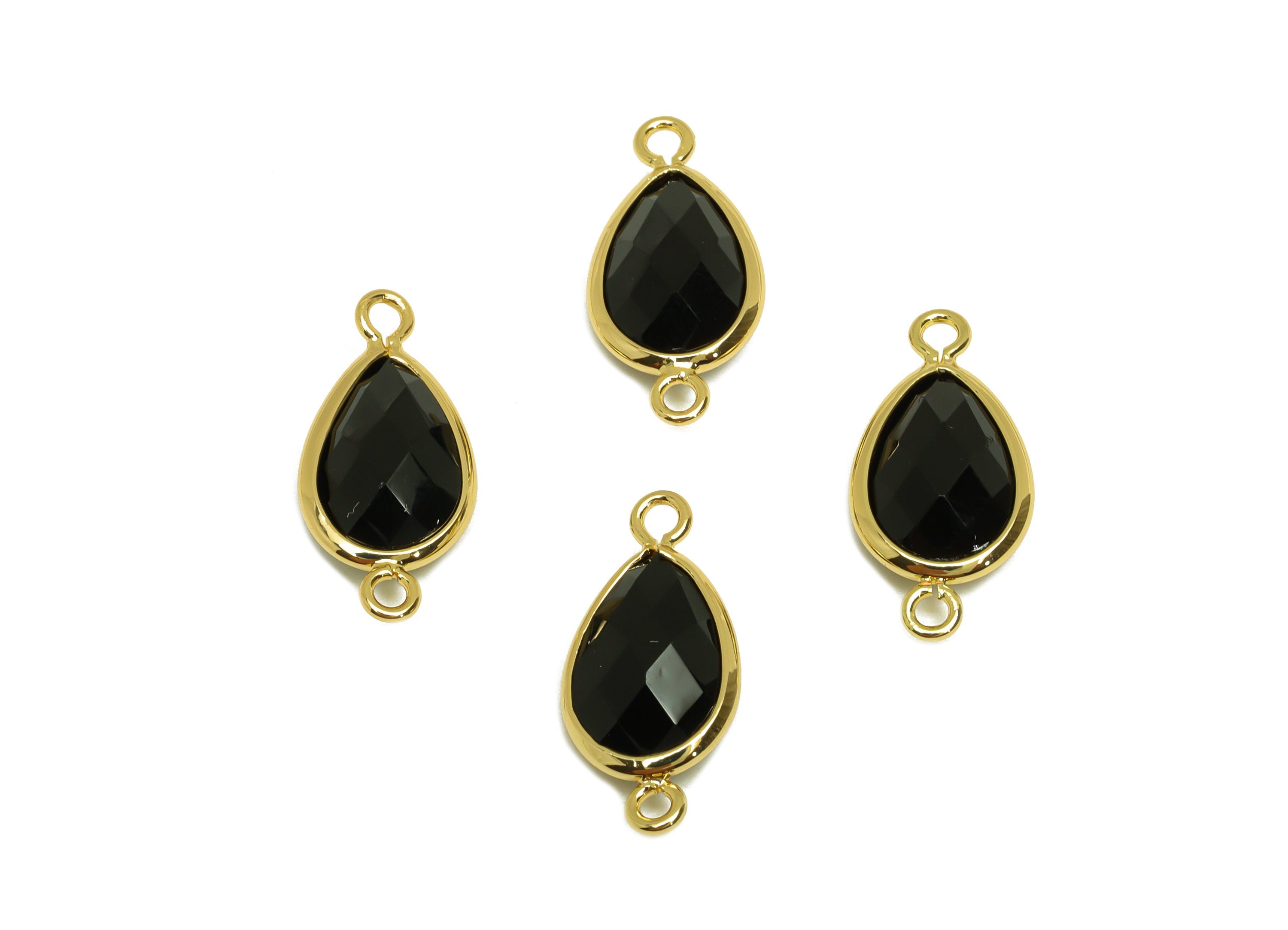 Brass Teardrop Connector - Brass Faceted Glass Earring Charm - Brass Black Glass Connector - 18K Real Gold Plating - 19x9x4mm -RGP6920D - DOMEDBAZAAR