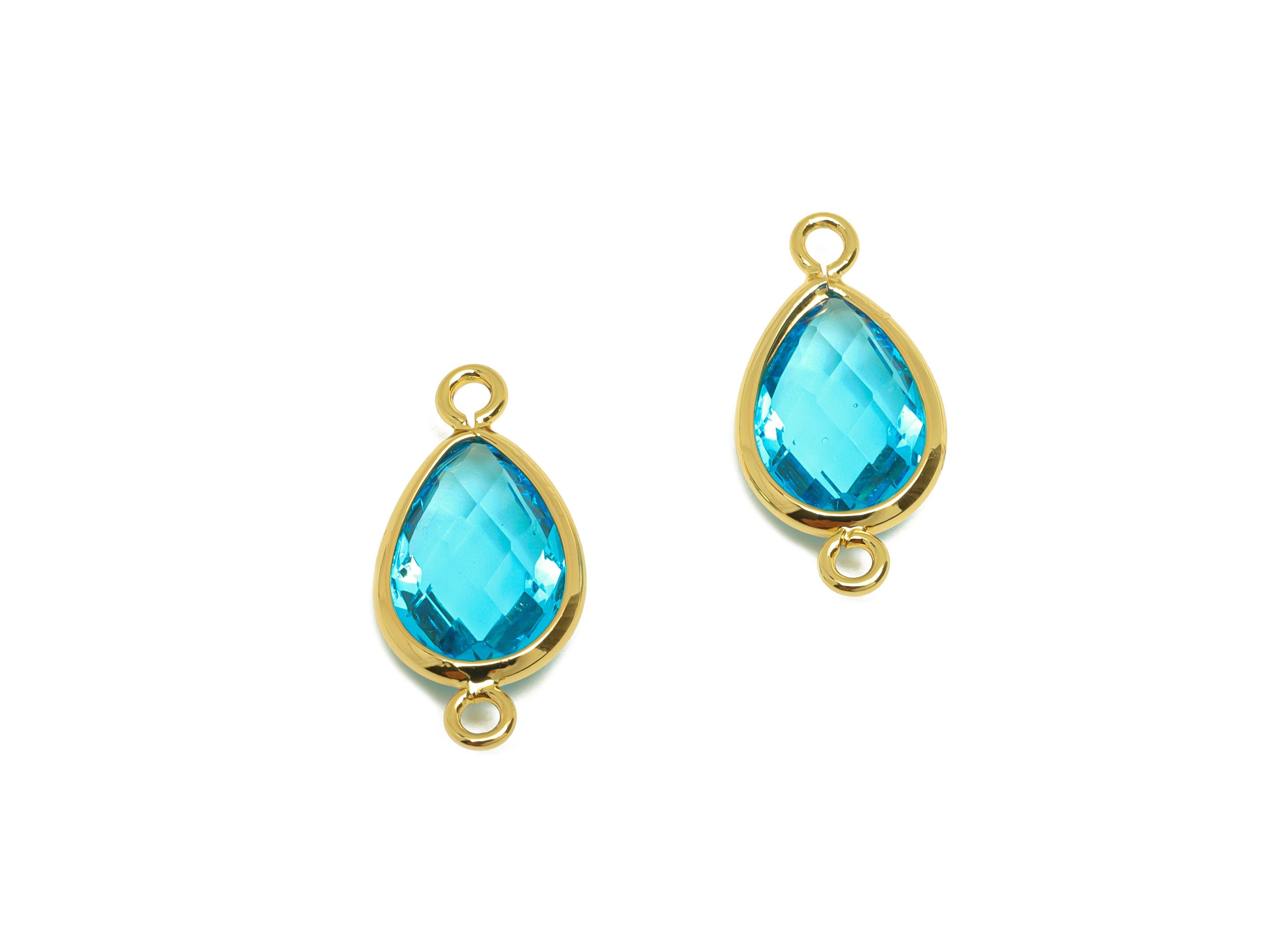 Brass Teardrop Connector - Brass Faceted Glass Earring Charm - Brass Hole Blue Glass Connector - 18K Real Gold Plating - 18x9x4mm -RGP6920M - DOMEDBAZAAR
