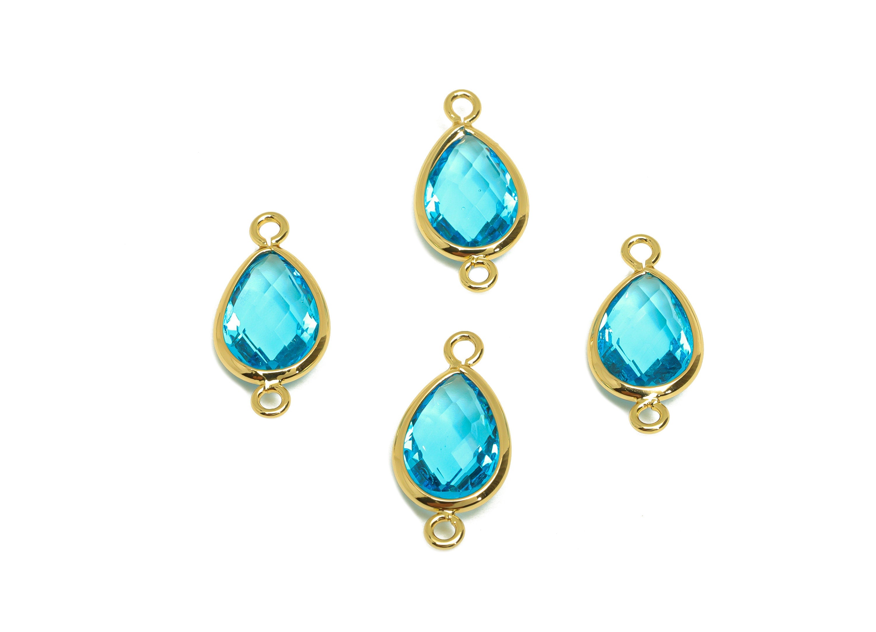 Brass Teardrop Connector - Brass Faceted Glass Earring Charm - Brass Hole Blue Glass Connector - 18K Real Gold Plating - 18x9x4mm -RGP6920M - DOMEDBAZAAR