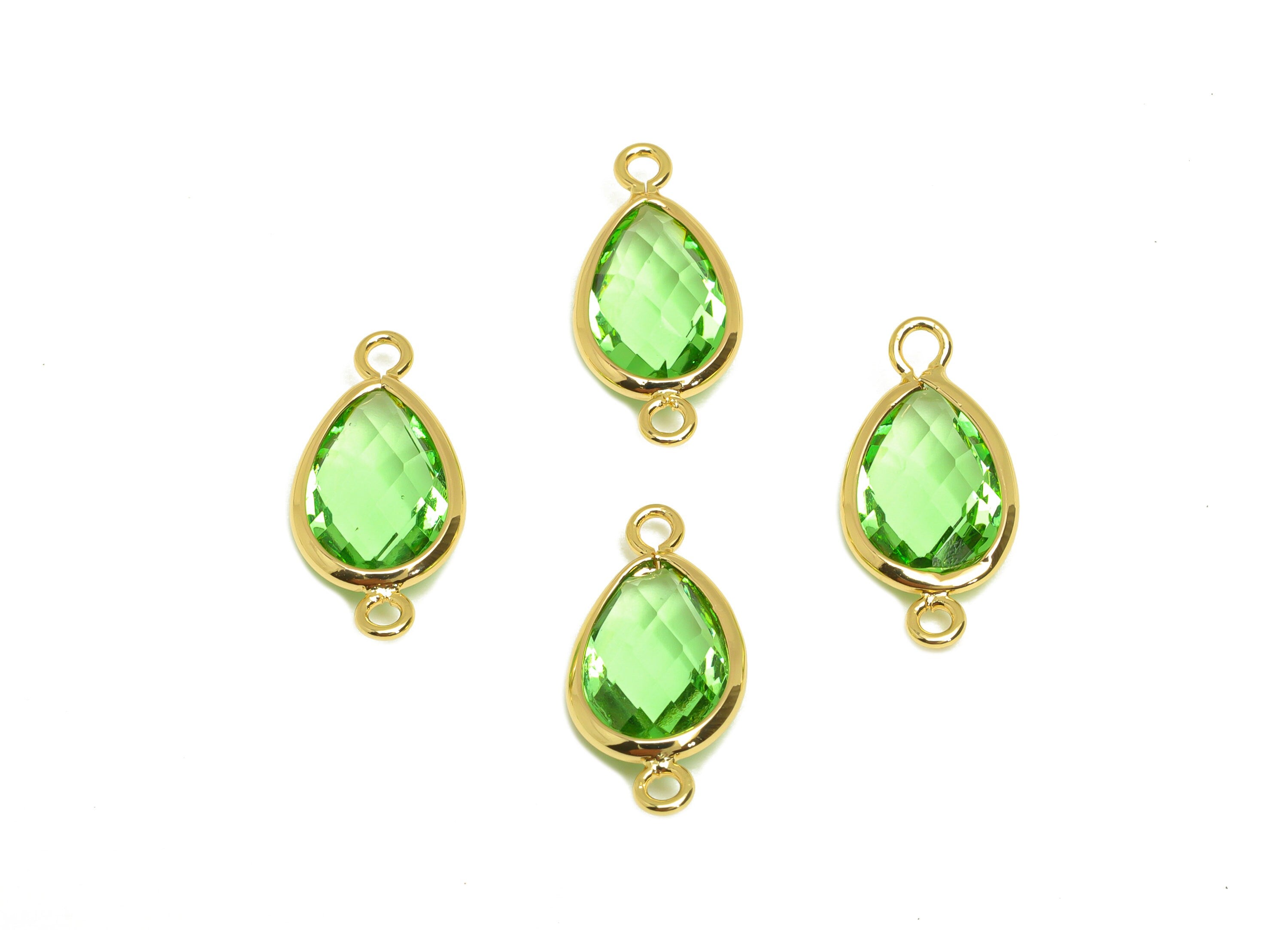Brass Teardrop Connector - Brass Faceted Glass Earring Charm - Brass Fruit Green Glass Connector - 18K Real Gold Plated - 19x9x4mm -RGP6920B - DOMEDBAZAAR