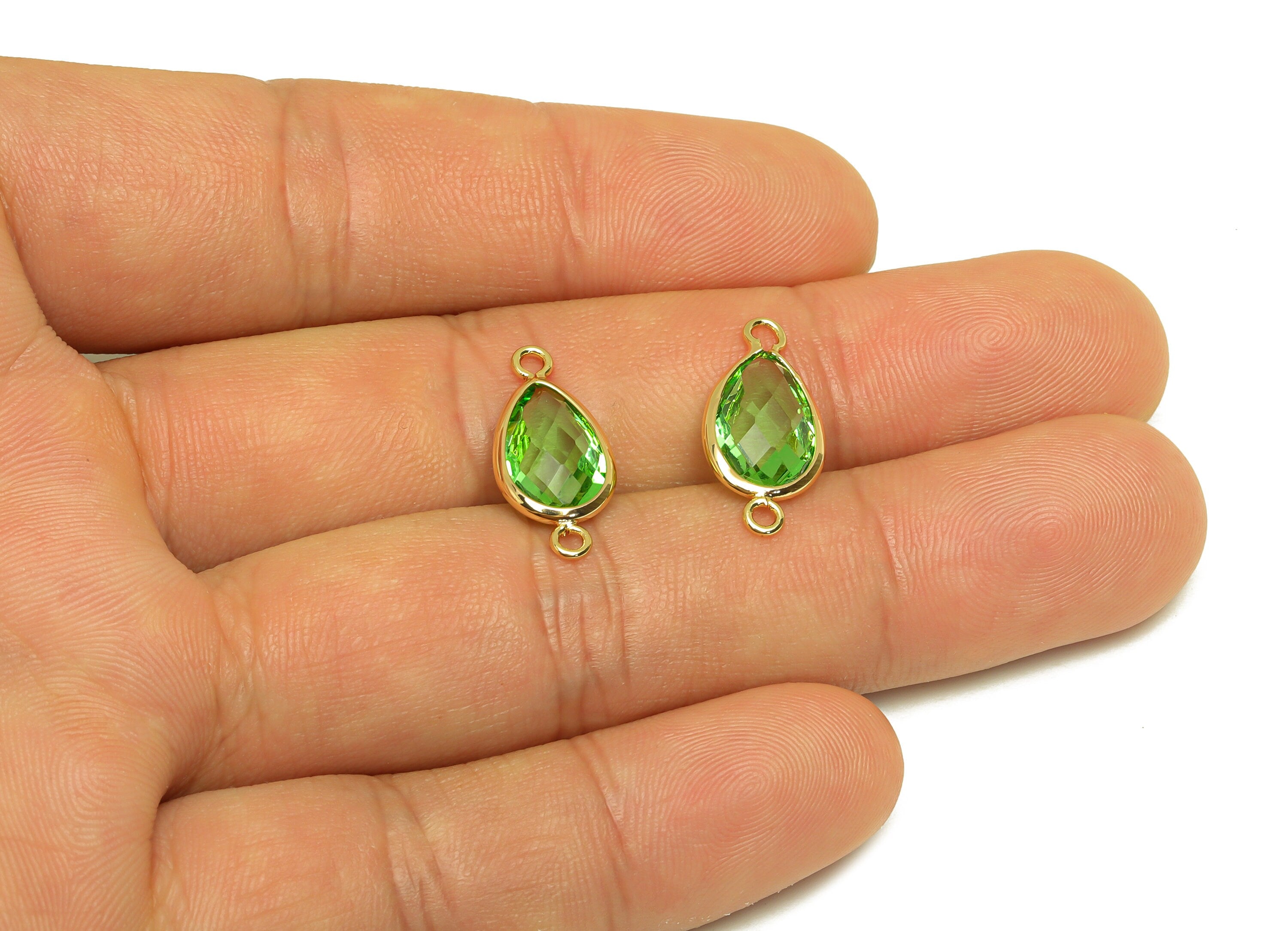 Brass Teardrop Connector - Brass Faceted Glass Earring Charm - Brass Fruit Green Glass Connector - 18K Real Gold Plated - 19x9x4mm -RGP6920B - DOMEDBAZAAR