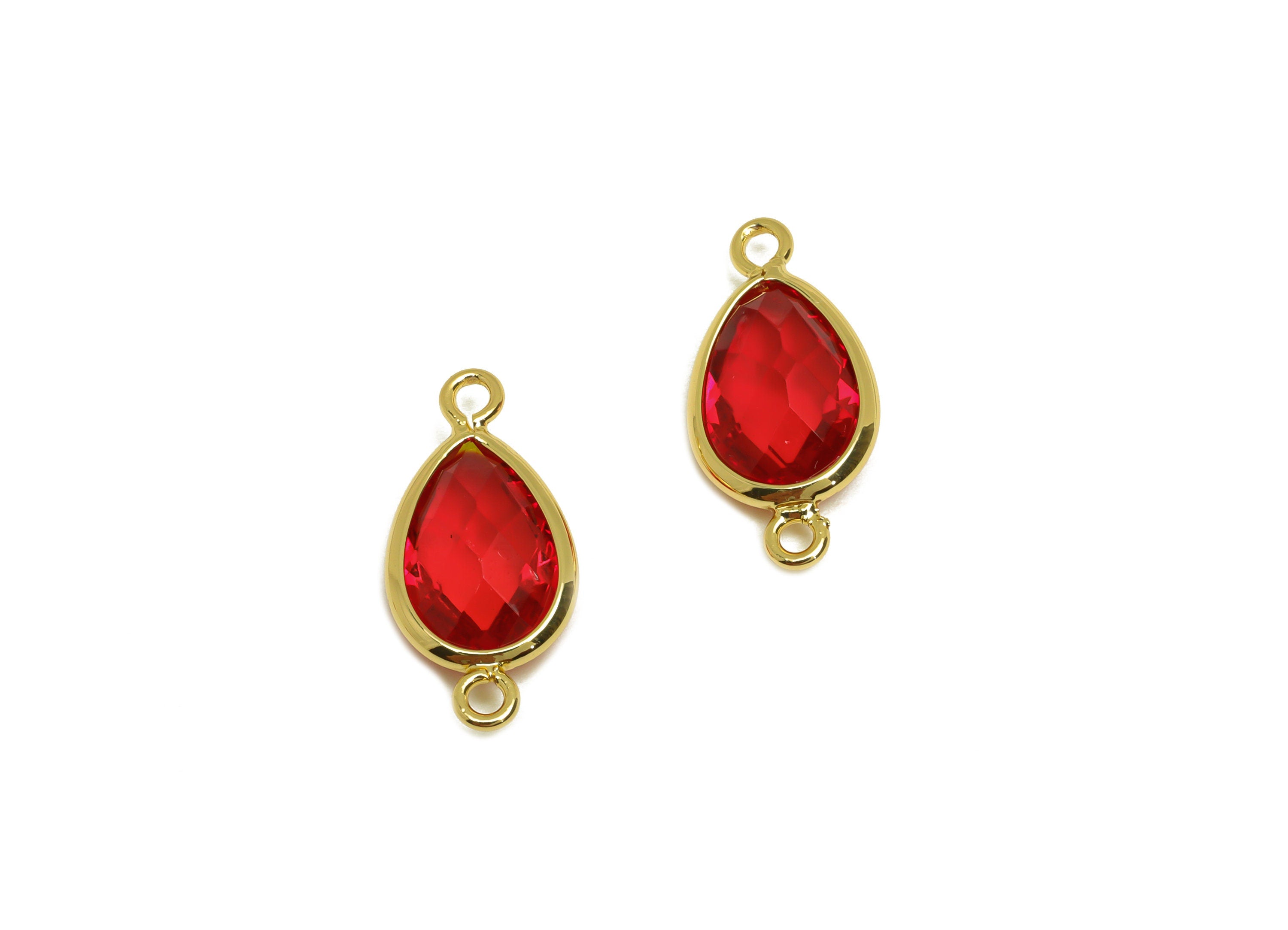 Brass Teardrop Connector - Brass Faceted Glass Earring Charm - Brass Red Glass Connector - 18K Real Gold Plated - 19x9x4mm - RGP6920E - DOMEDBAZAAR