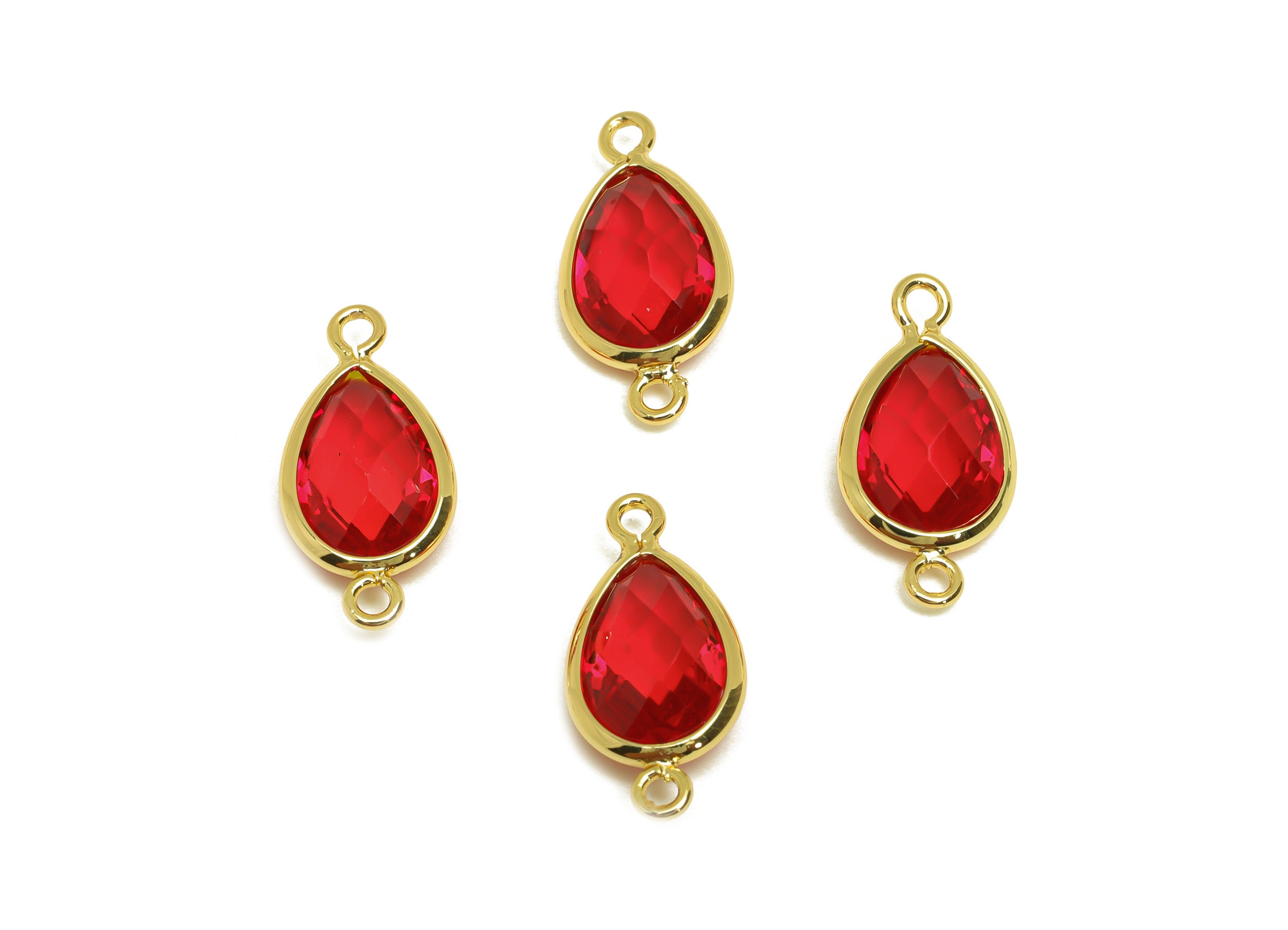 Brass Teardrop Connector - Brass Faceted Glass Earring Charm - Brass Red Glass Connector - 18K Real Gold Plated - 19x9x4mm - RGP6920E - DOMEDBAZAAR