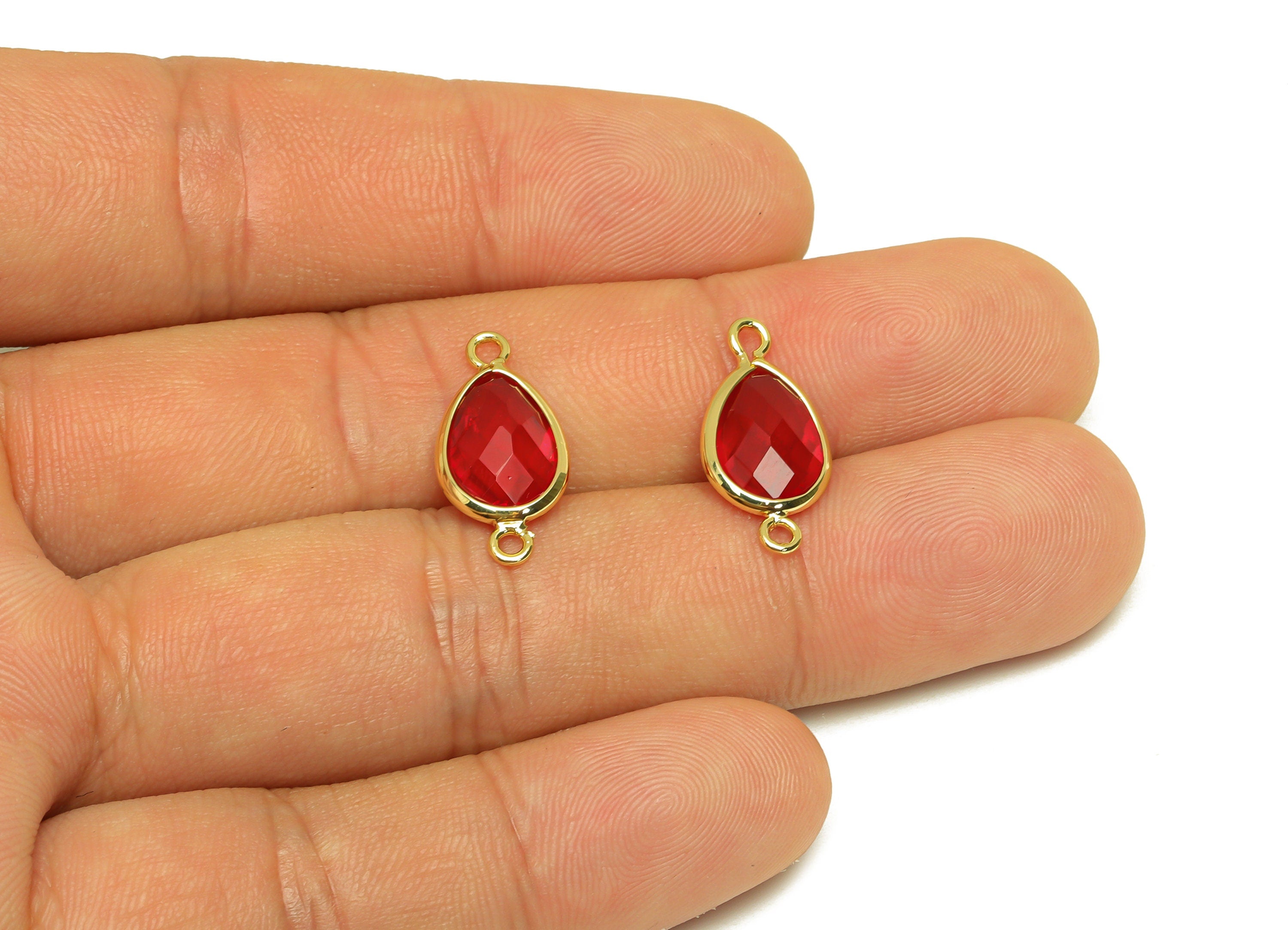 Brass Teardrop Connector - Brass Faceted Glass Earring Charm - Brass Red Glass Connector - 18K Real Gold Plated - 19x9x4mm - RGP6920E - DOMEDBAZAAR