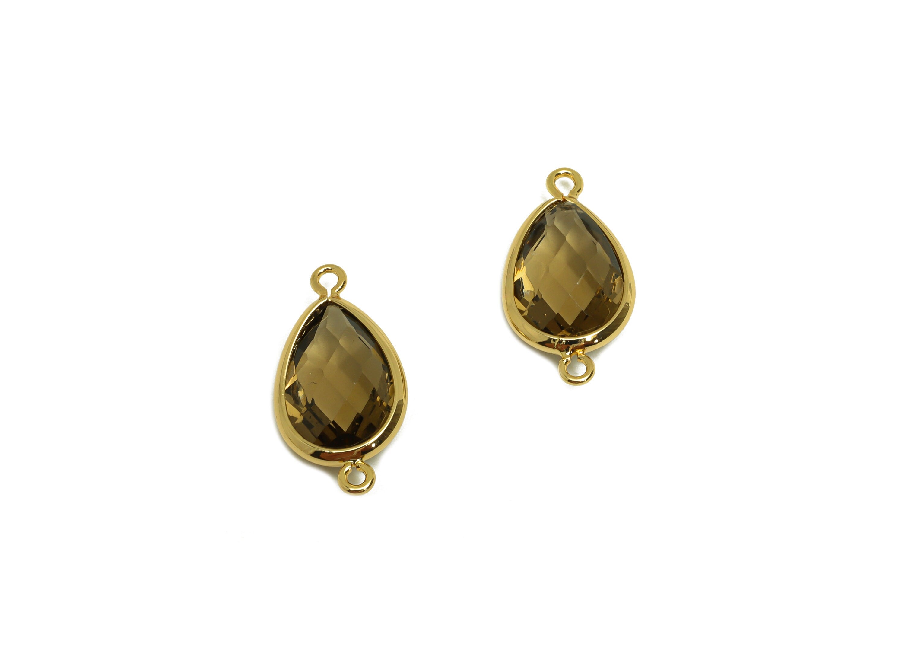 Brass Teardrop Connector - Brass Faceted Glass Earring Charm - Brass Gray Glass Connector - 18K Real Gold Plated - 19x9x4mm - RGP6920H - DOMEDBAZAAR