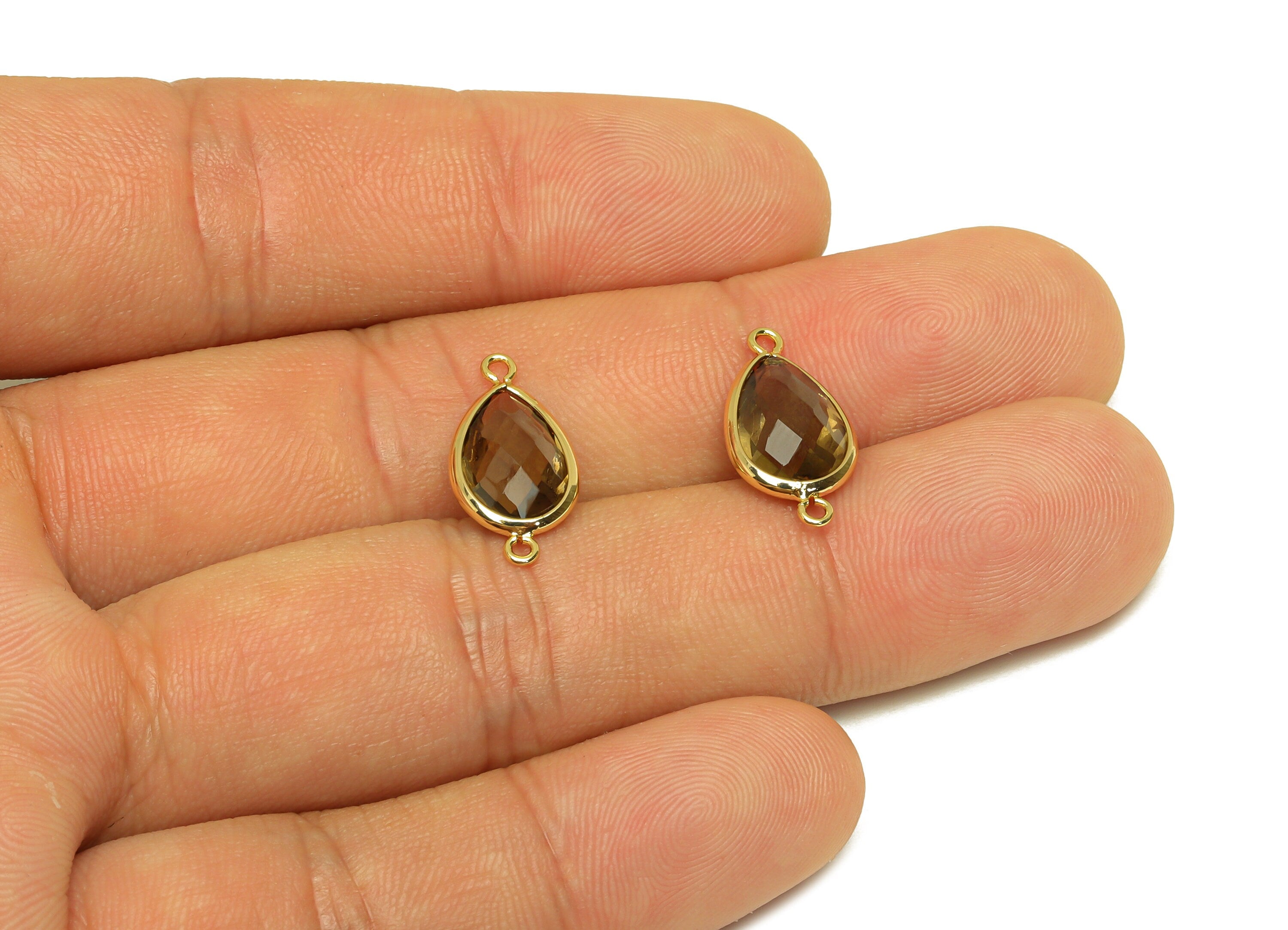 Brass Teardrop Connector - Brass Faceted Glass Earring Charm - Brass Gray Glass Connector - 18K Real Gold Plated - 19x9x4mm - RGP6920H - DOMEDBAZAAR