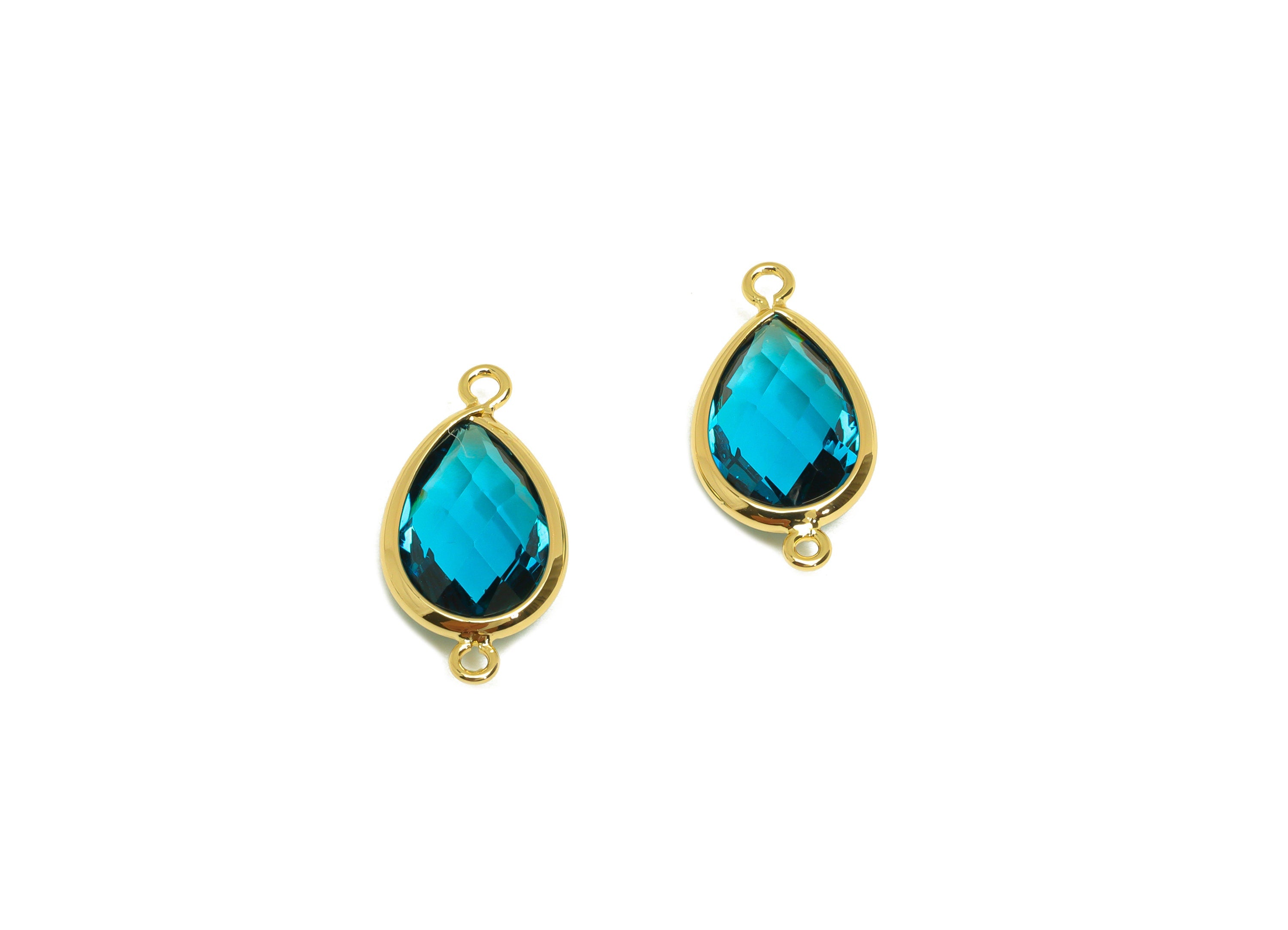 Brass Teardrop Connector - Brass Faceted Glass Earring Charm - Brass Lake Blue Glass Connector - 18K Real Gold Plated - 19x9x4mm - RGP6920F - DOMEDBAZAAR