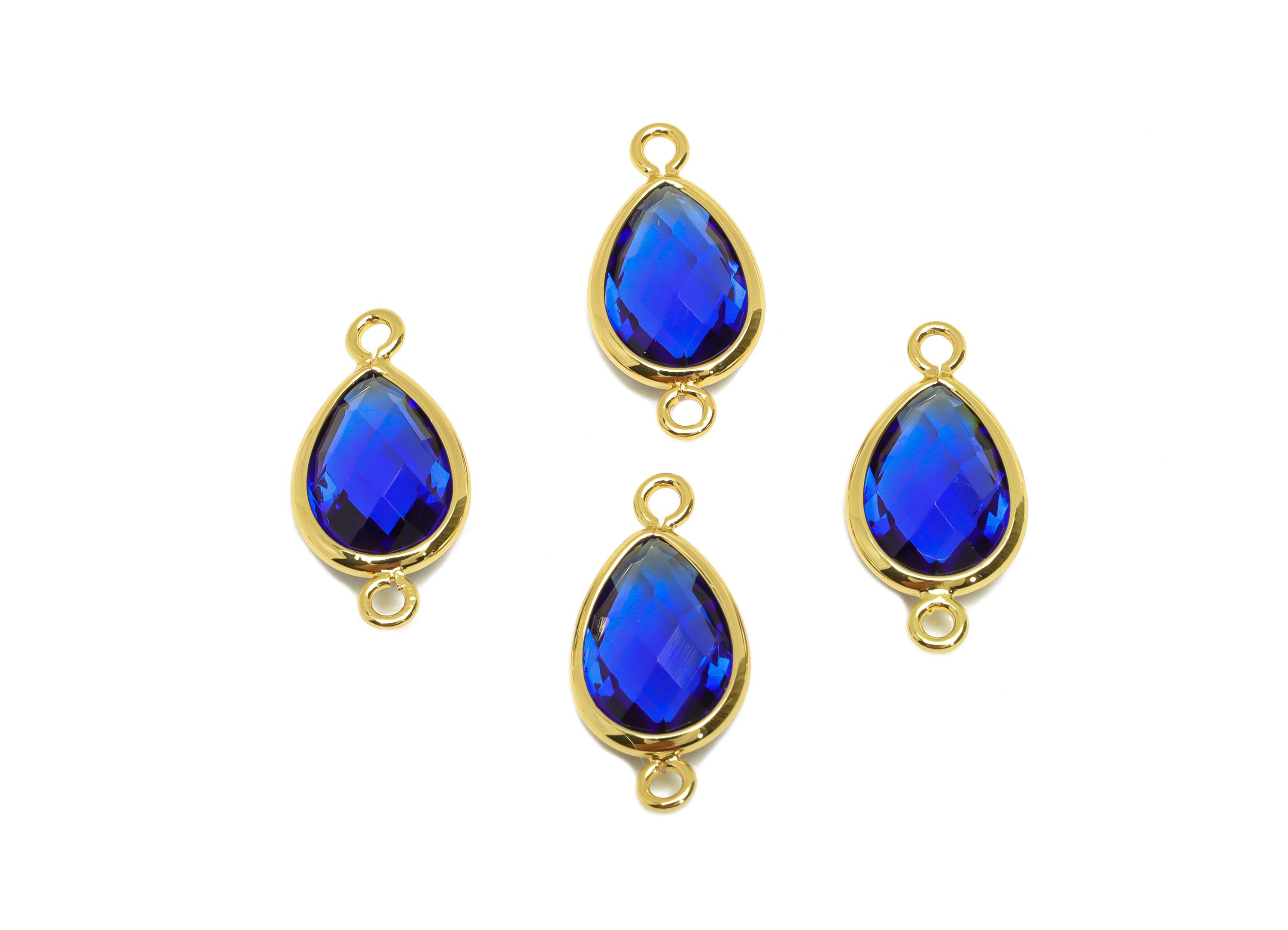 Brass Teardrop Connector - Brass Faceted Glass Earring Charm - Brass Medium Blue Glass Connector - 18K Real Gold Plated - 19x9x4mm -RGP6920P - DOMEDBAZAAR