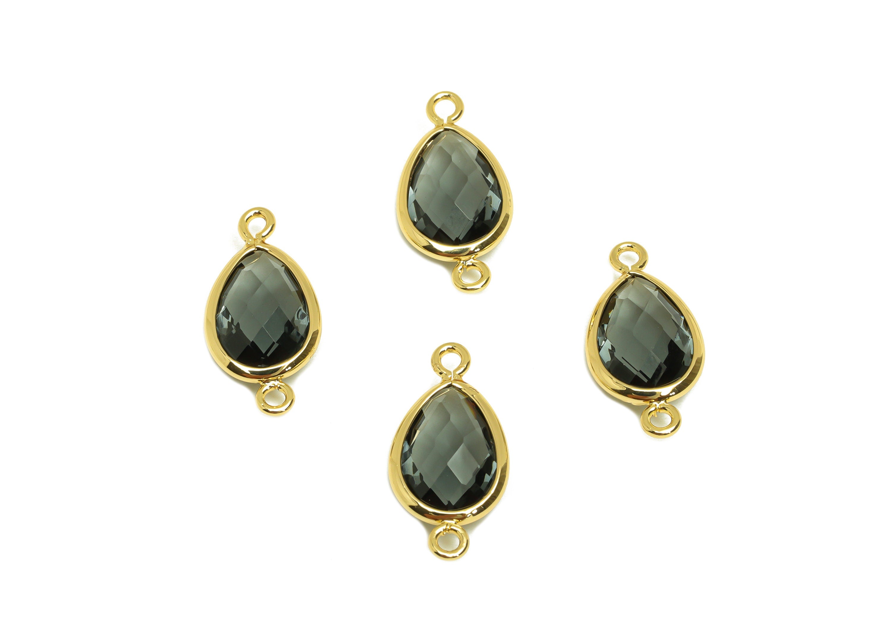 Brass Teardrop Connector - Brass Faceted Glass Earring Charm - Brass Transparent Black Connector - 18K Real Gold Plated - 19x9x4mm -RGP6920G - DOMEDBAZAAR