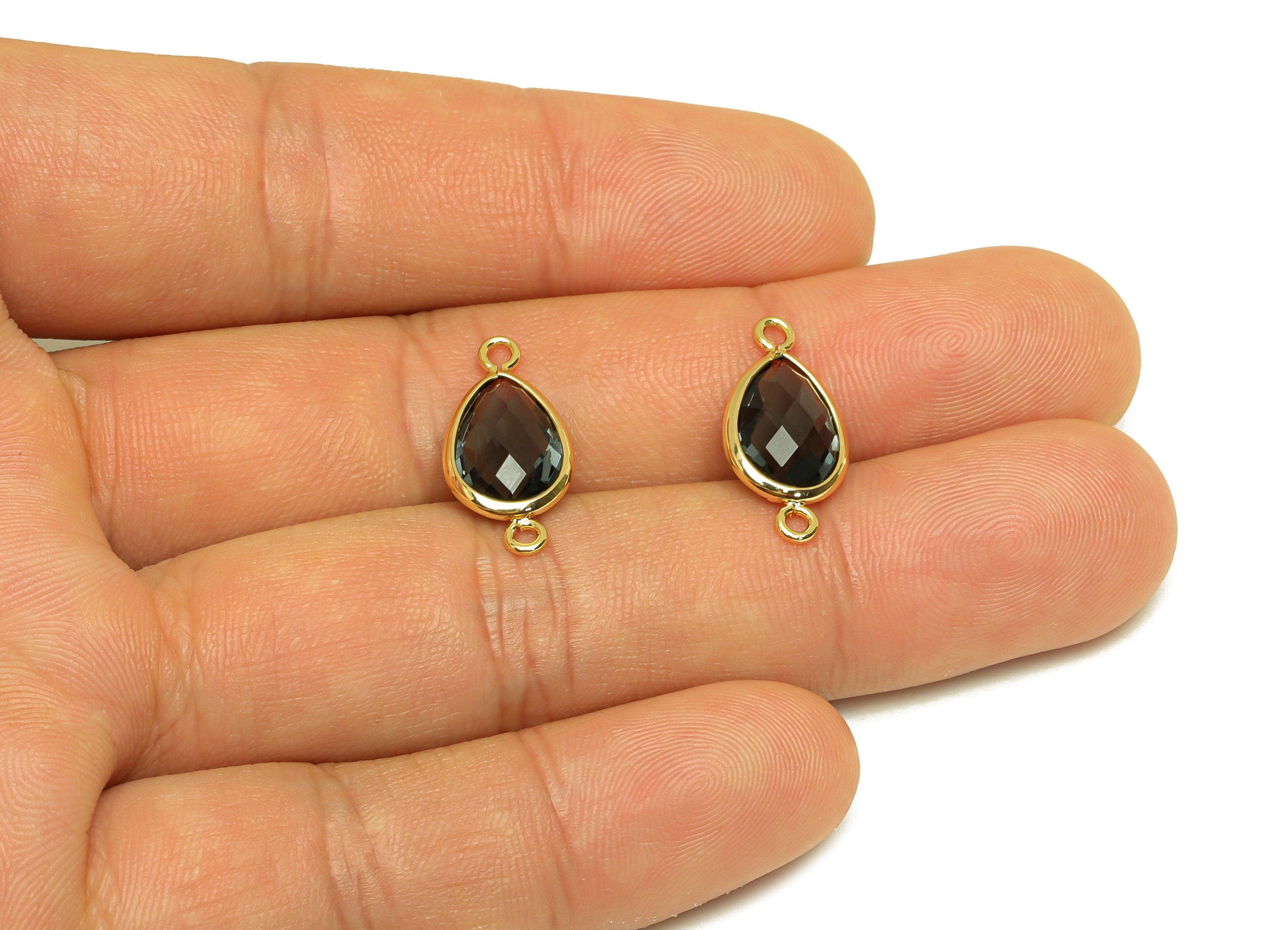 Brass Teardrop Connector - Brass Faceted Glass Earring Charm - Brass Transparent Black Connector - 18K Real Gold Plated - 19x9x4mm -RGP6920G - DOMEDBAZAAR