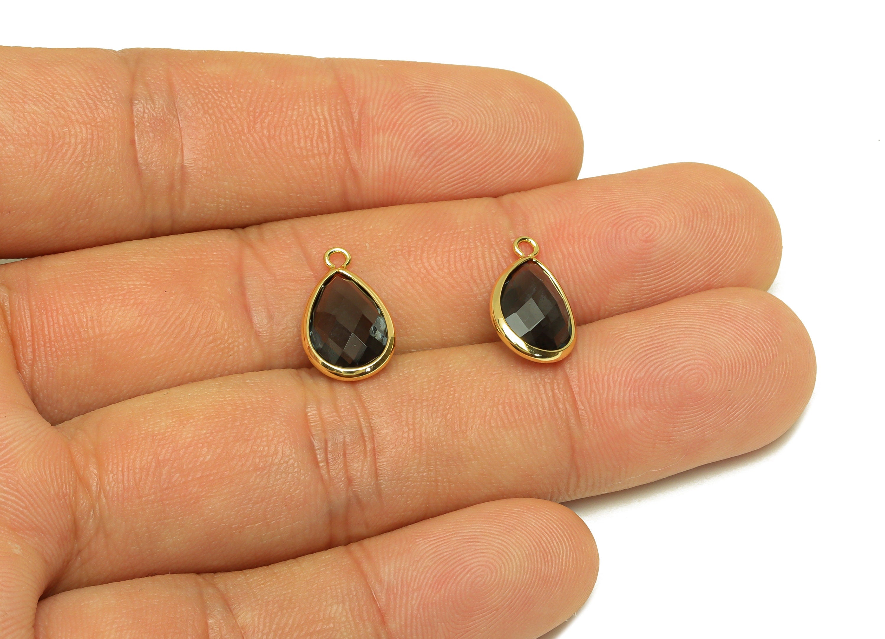 Brass Teardrop Earring Charm - Brass Faceted Glass Earring Charm - Brass Transparent Black Charm - 18K Real Gold Plated - 15x9x4mm -RGP6919G - DOMEDBAZAAR