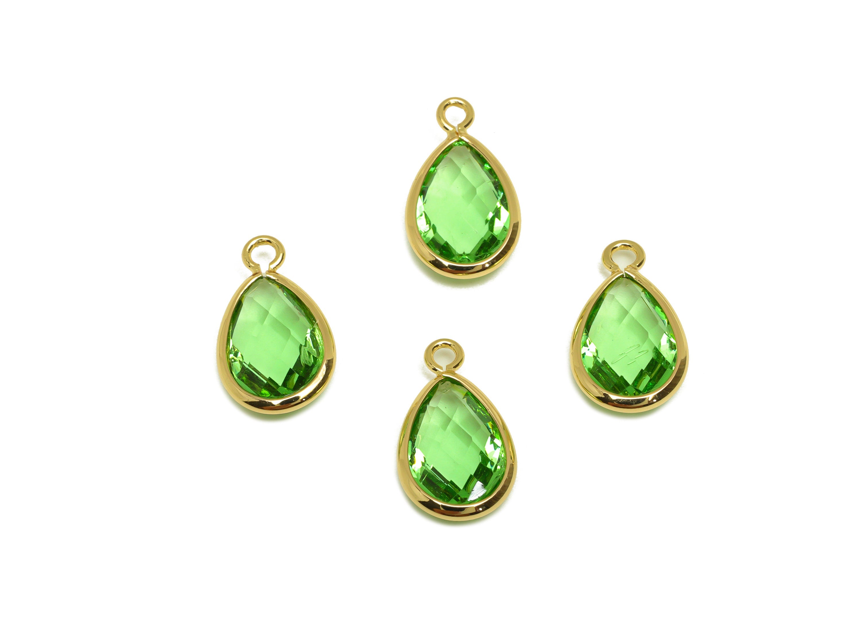 Brass Teardrop Earring Charm - Brass Faceted Glass Earring Charm - Brass Fruit Green Charm - 18K Real Gold Plated - 15x9x4mm - RGP6919B - DOMEDBAZAAR