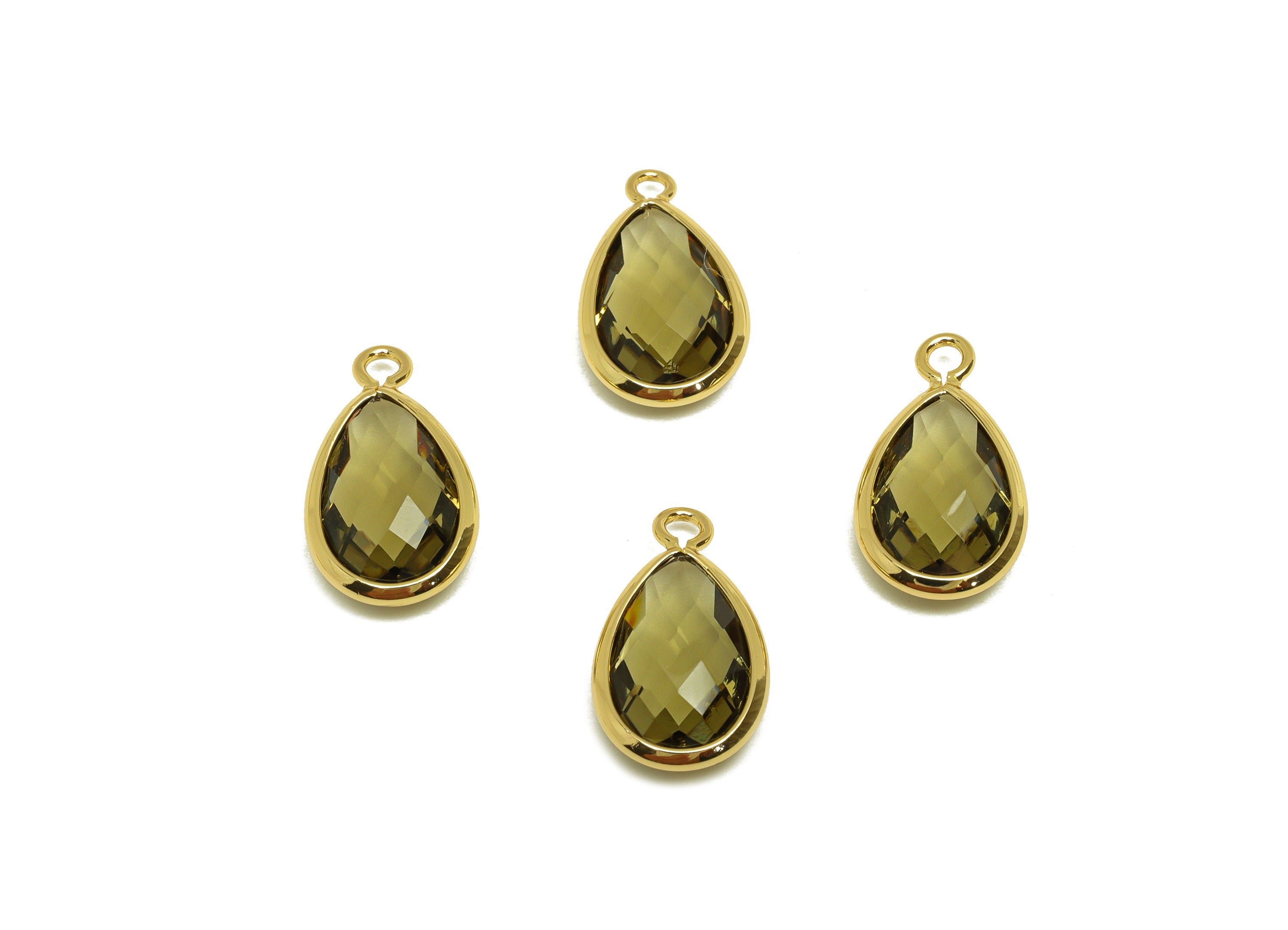 Brass Teardrop Earring Charm - Brass Faceted Glass Earring Charm - Brass Gray Charm - 18K Real Gold Plated - 16.5x9.45x4.7mm- RGP6919H - DOMEDBAZAAR