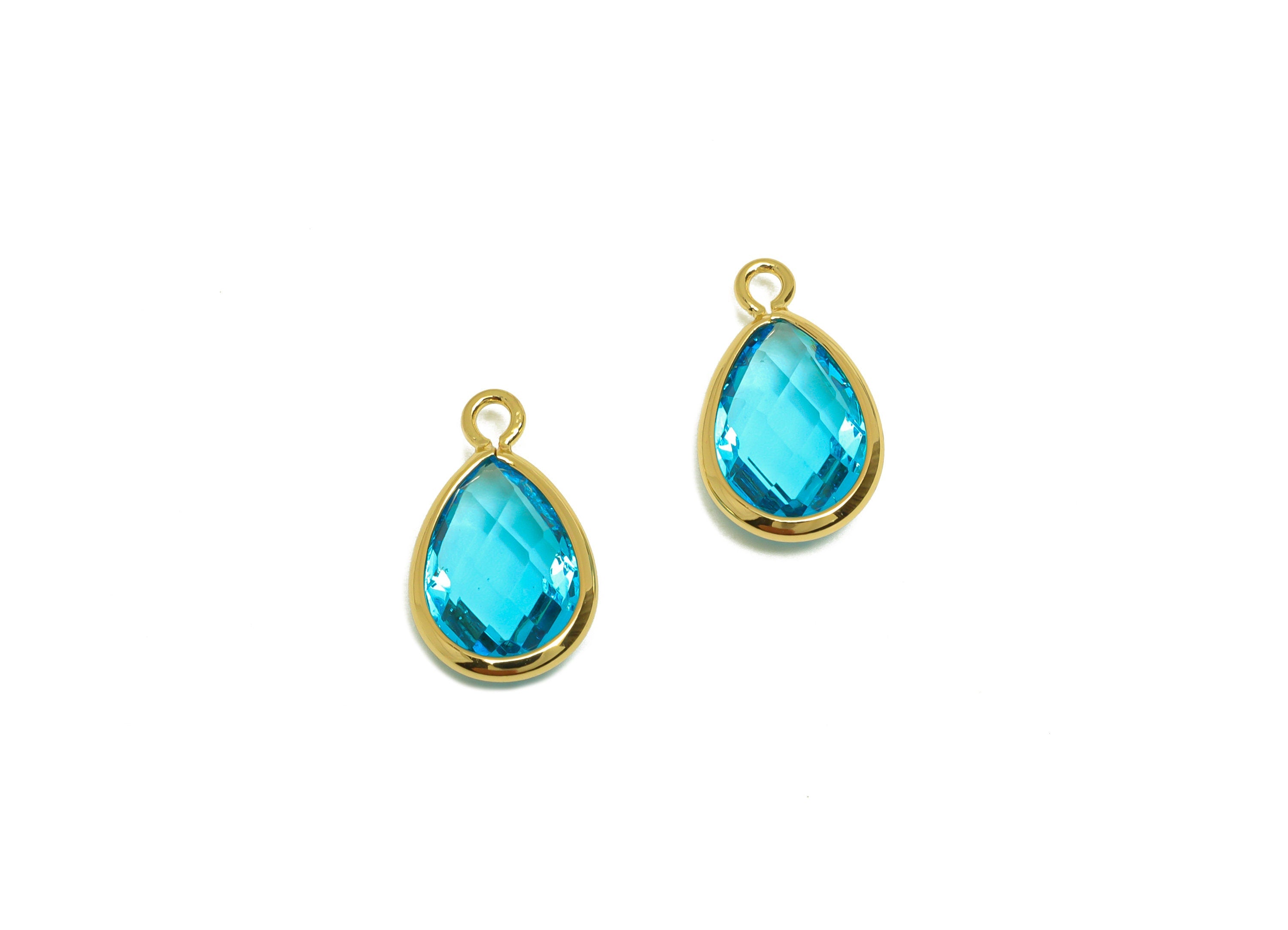 Brass Teardrop Earring Charm - Brass Faceted Glass Earring Charm - Brass Hole Blue Charm - 18K Real Gold Plated - 16.5x9.45x4.7mm- RGP6919M - DOMEDBAZAAR