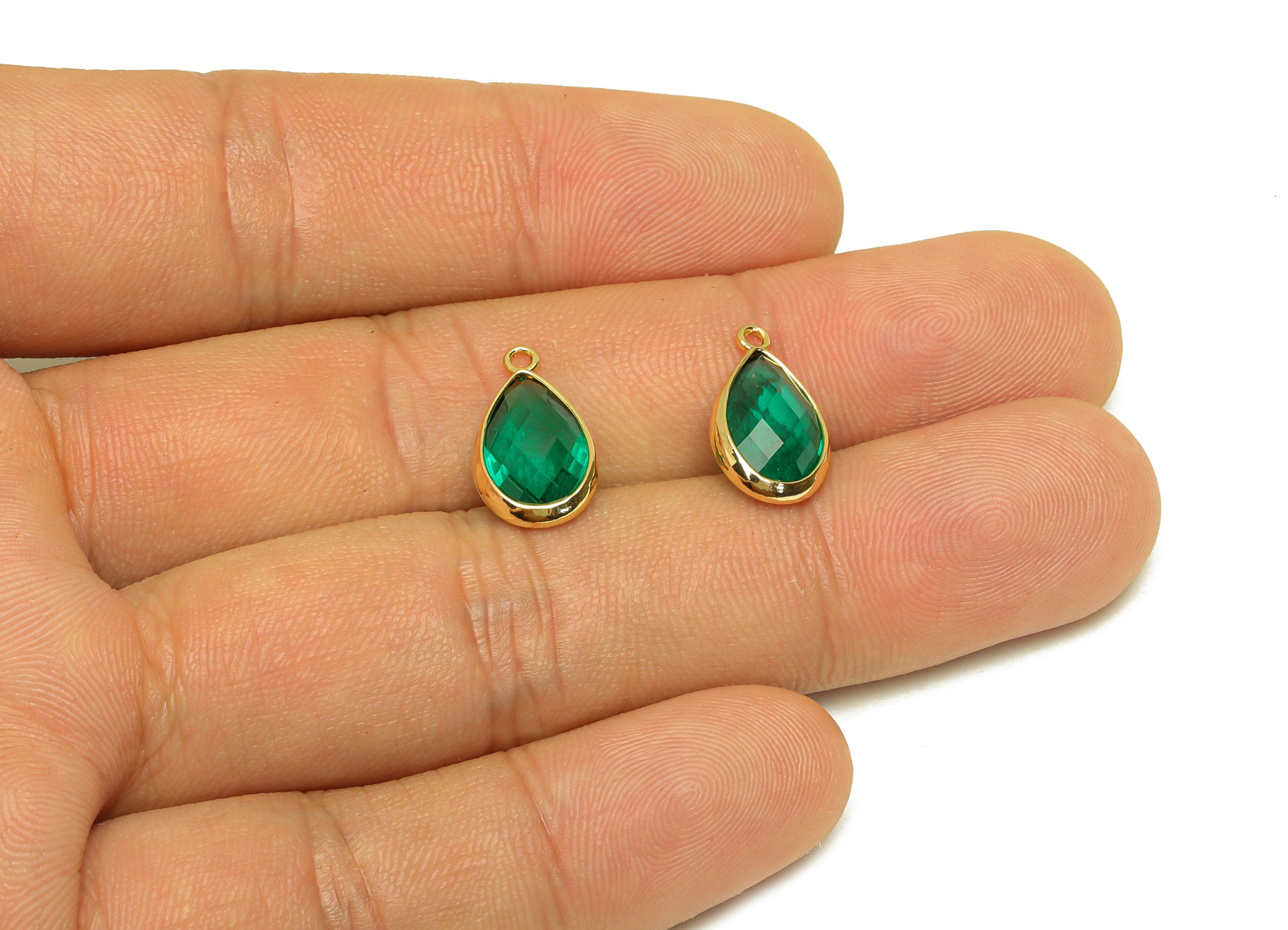 Brass Teardrop Earring Charm - Brass Faceted Glass Earring Charm - Brass Hole Green Charm - 18K Real Gold Plated - 16.5x9.45x4.7mm- RGP6919N - DOMEDBAZAAR