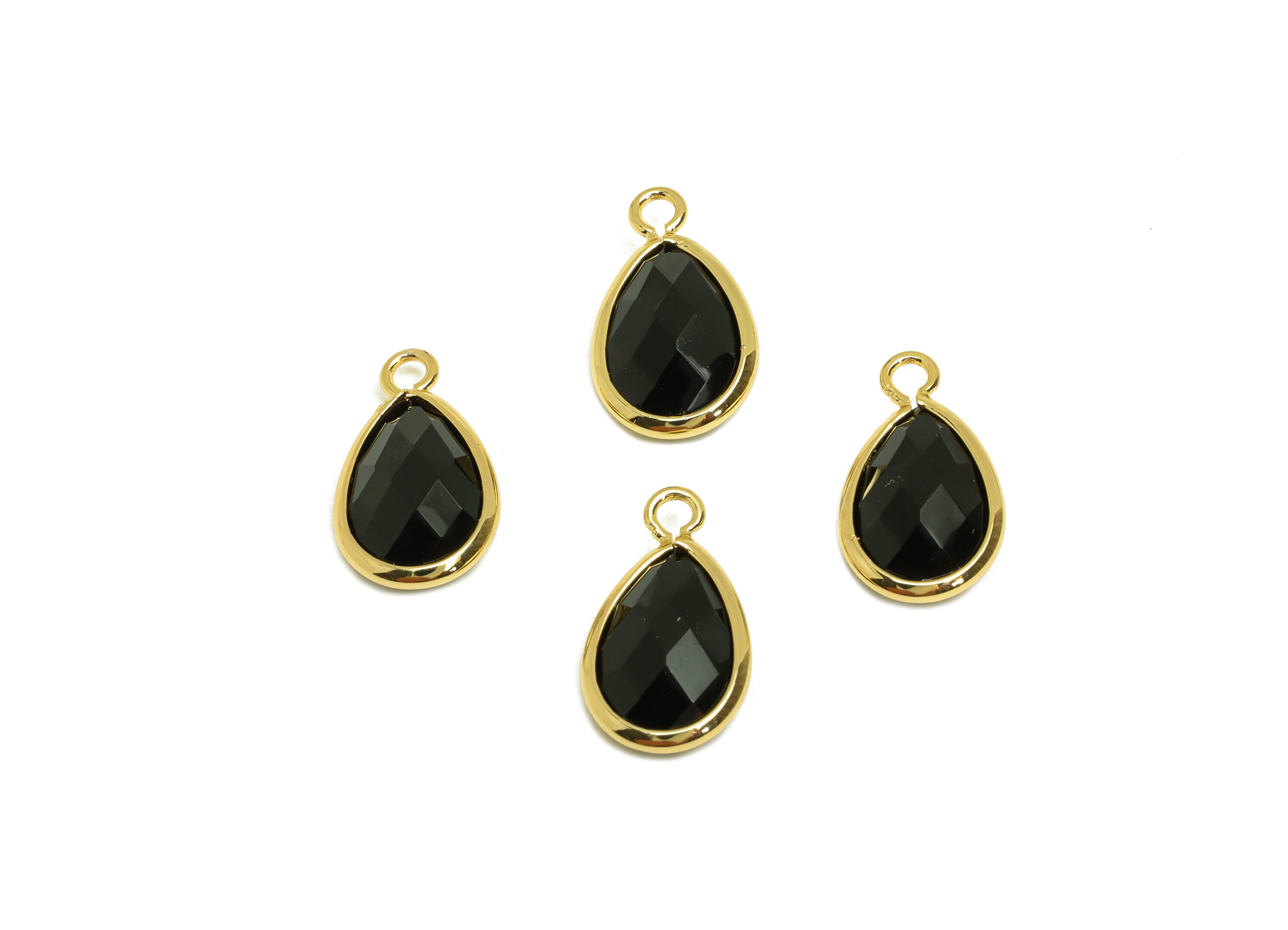 Brass Teardrop Earring Charm - Brass Faceted Glass Earring Charm - Brass Black Charm - 18K Real Gold Plated - 16.44x9.5x4.7mm- RGP6919D - DOMEDBAZAAR