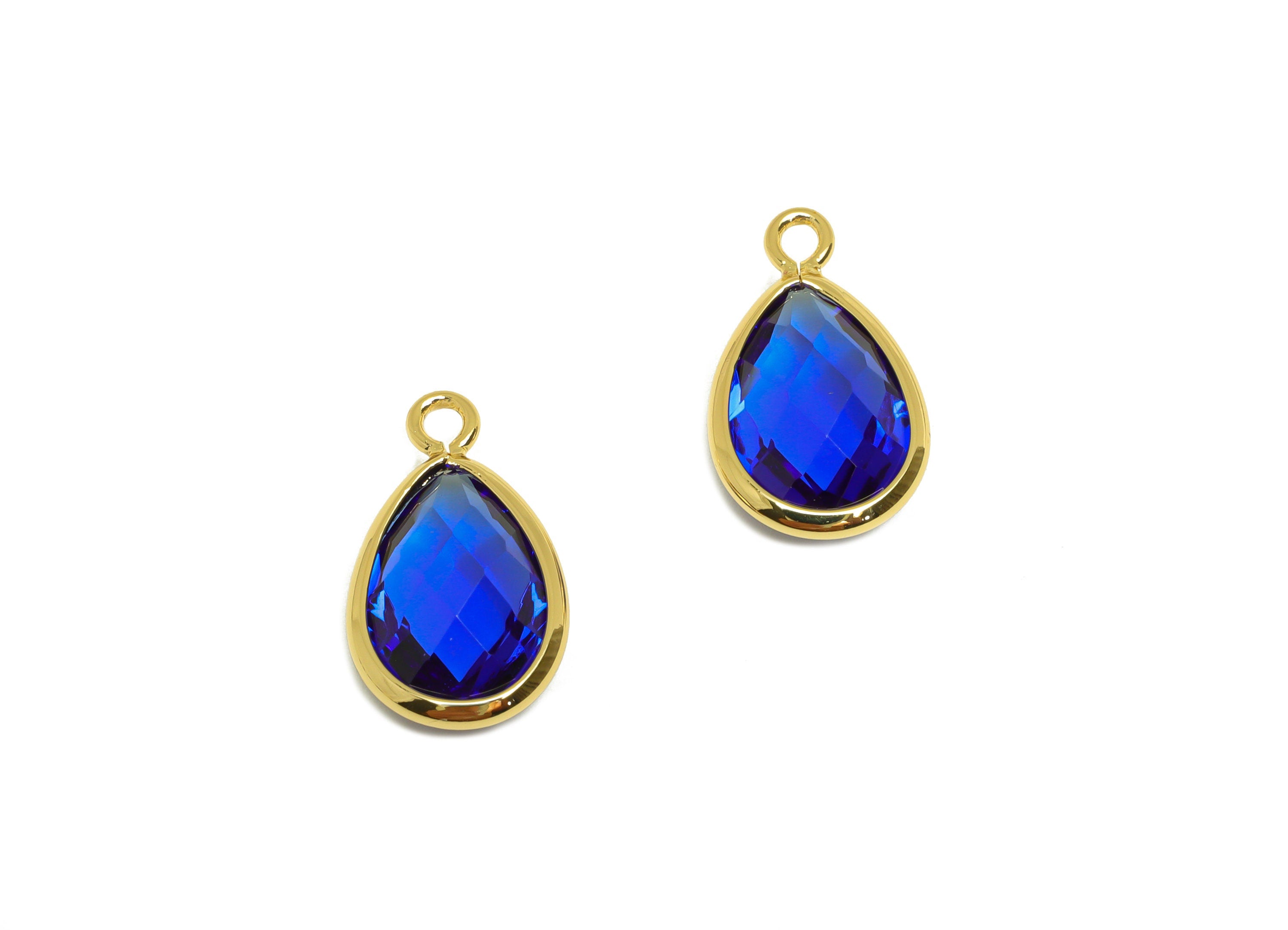 Brass Teardrop Earring Charm - Brass Faceted Glass Earring Charm - Brass Medium Blue Charm - 18K Real Gold Plated - 16.44x9.5x4mm- RGP6919P - DOMEDBAZAAR