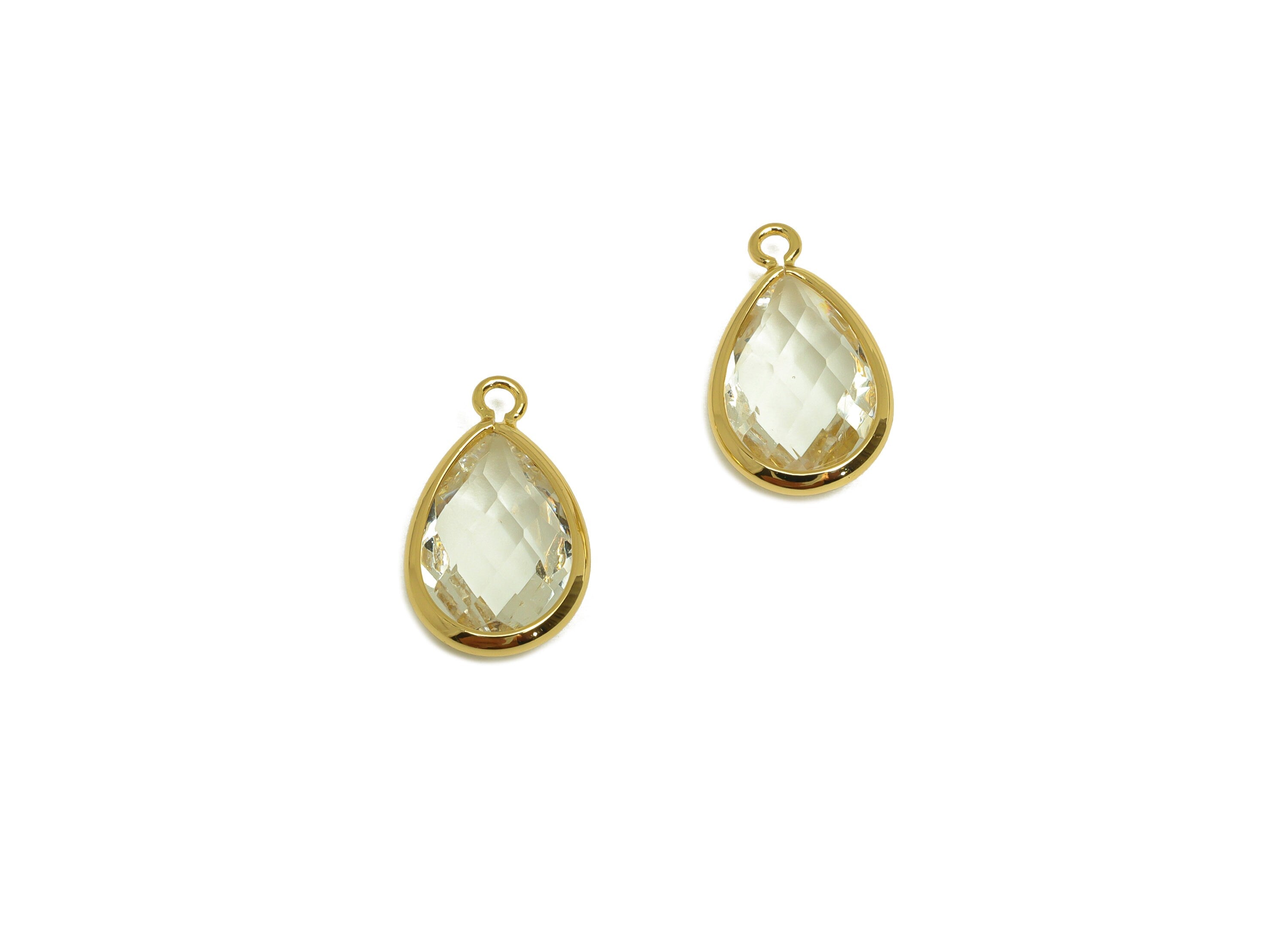 Brass Teardrop Earring Charm - Brass Faceted Glass Earring Charm - Brass Transparent Charm - 18K Real Gold Plated - 16.44x9.5x4mm- RGP6919K - DOMEDBAZAAR