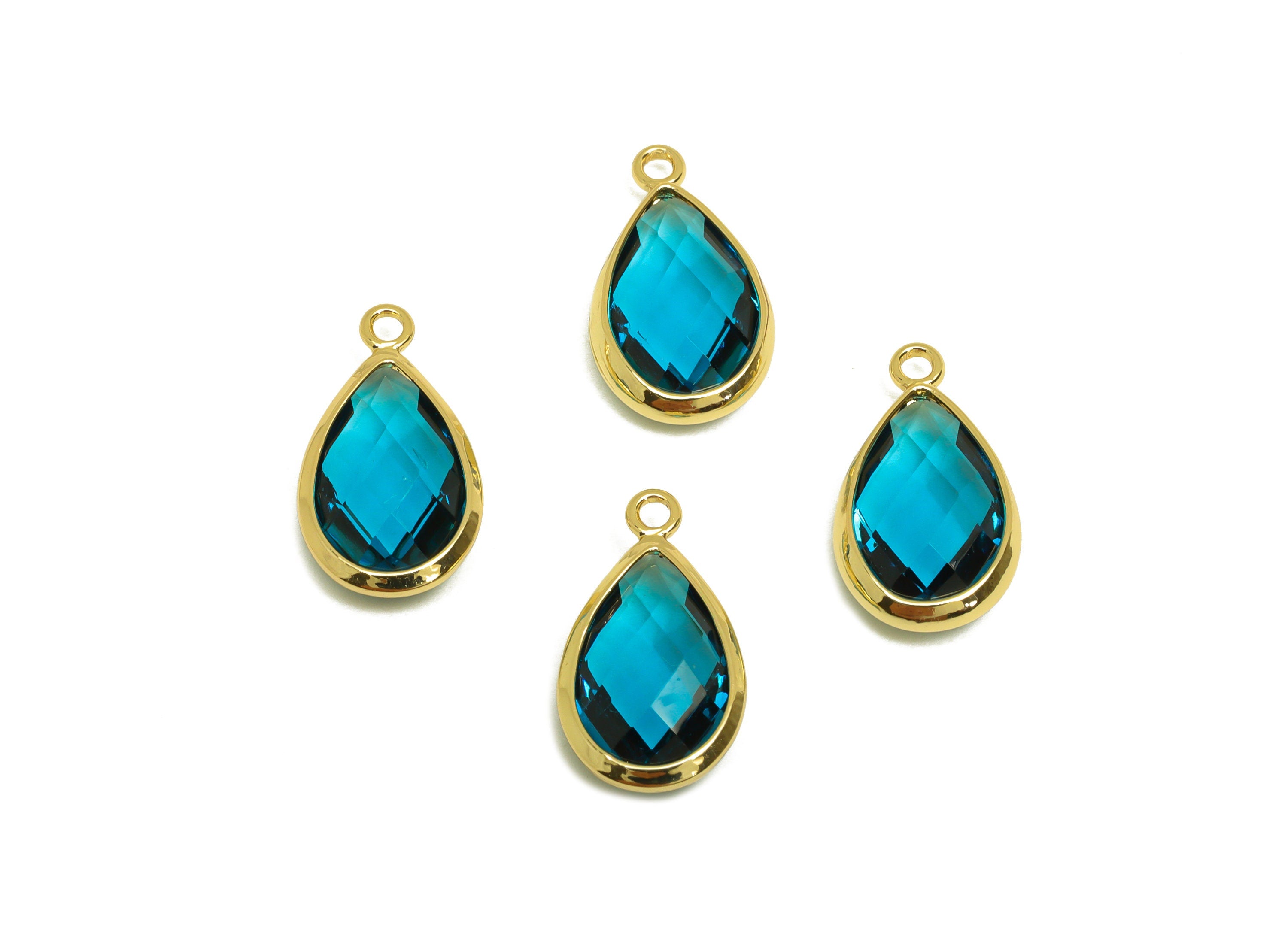 Brass Teardrop Earring Charm - Brass Faceted Glass Earring Charm - Brass Lake Blue Charm - 18K Real Gold Plated - 16.44x9.5x4mm- RGP6919F - DOMEDBAZAAR