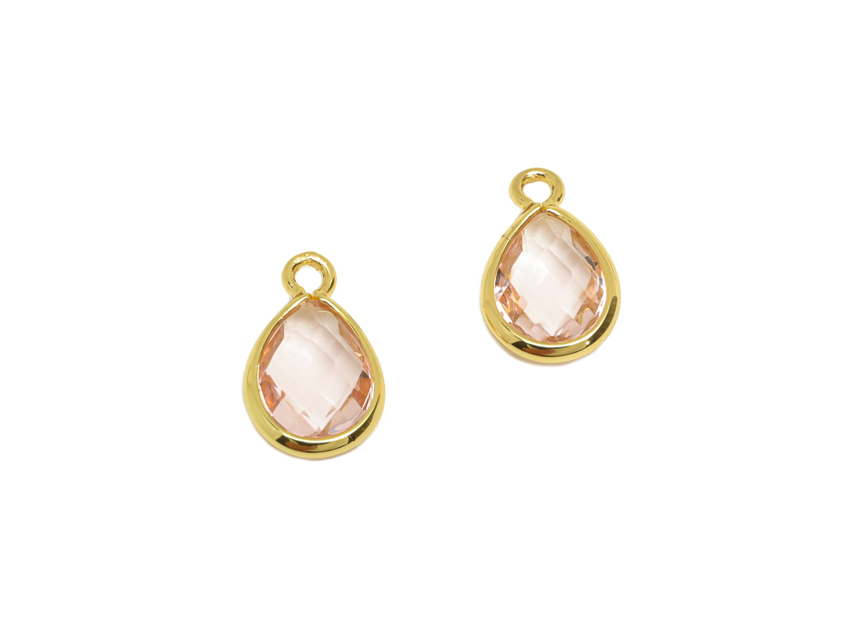 Brass Teardrop Earring Charm - Brass Faceted Glass Earring Charm - Brass Pink Charm - 18K Real Gold Plated - 11.52x6.88x3.18mm - RGP6921A - DOMEDBAZAAR