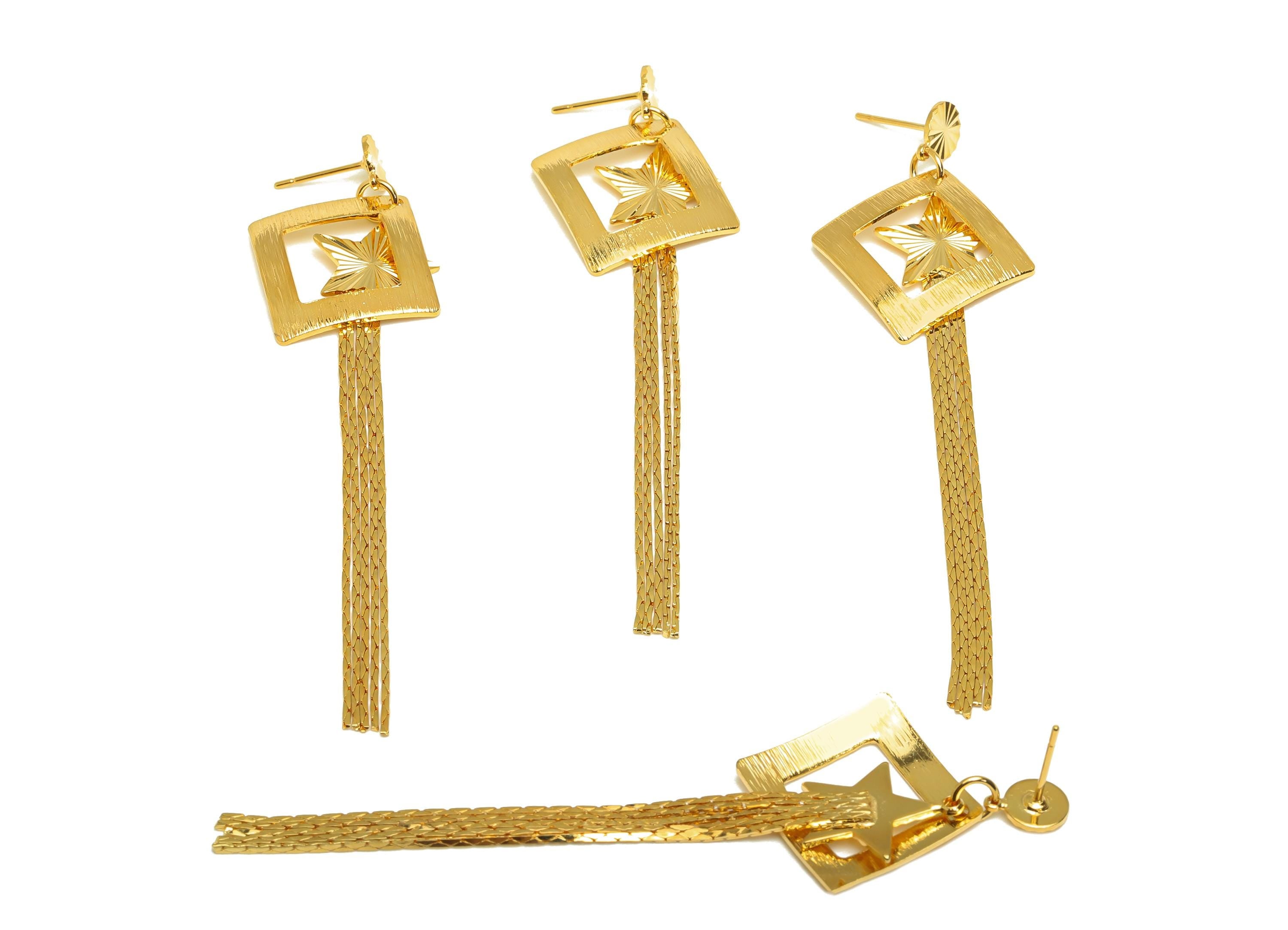 Brass Tassel Earring Charm - Square Tassel Chain Earring Charm - Textured Star Earring Charm - 18K Real Gold Plated - 82x24x0.73mm - RGP7318 - DOMEDBAZAAR